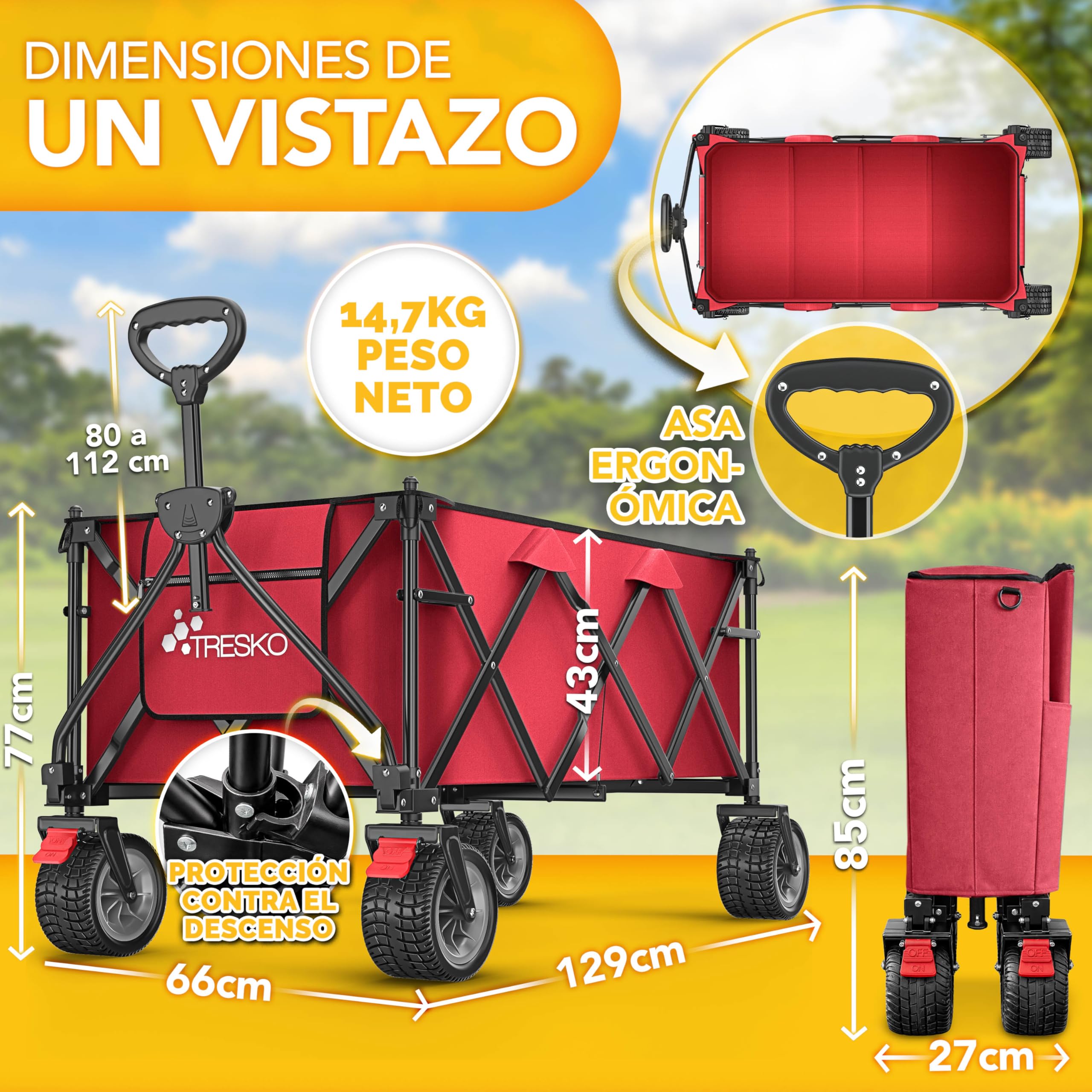 TRESKO® Carro plegable de 300 l con freno, carro de mano plegable, 150 kg, incluye neumáticos de goma maciza, carrito de playa plegable, ruedas extra anchas, con bolsa de transporte, color rojo
