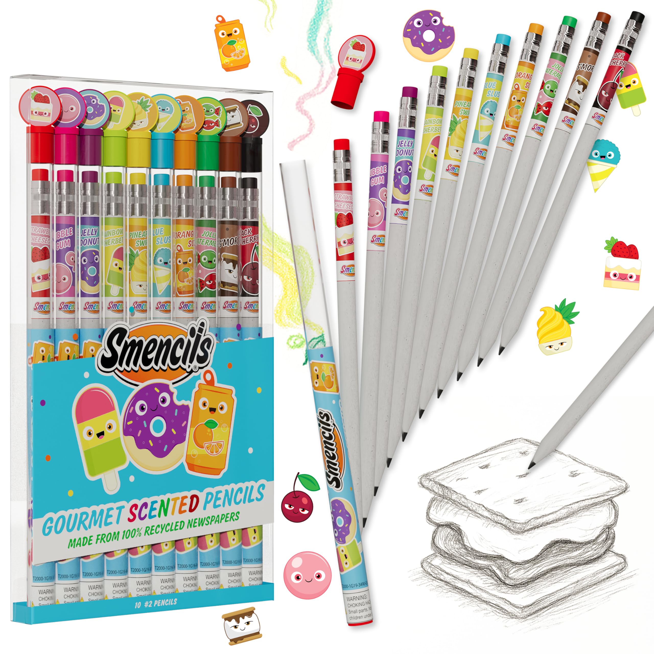 ScentcoSmencils - Patented Gourmet Scented Graphite HB #2 Pencils Made from Recycled Newspapers, 10 Count, Gifts for Kids, School Supplies