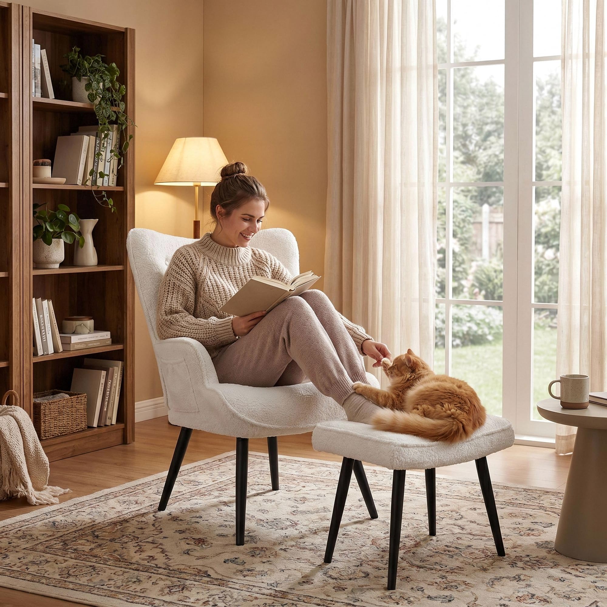 Clevich Ohrensessel - Gemütlicher Loungesessel mit Hocker, Lesesesselaus, Chenille Armchair für Wohnzimmer & Schlafzimmer - Bis 168kg (Weiß)