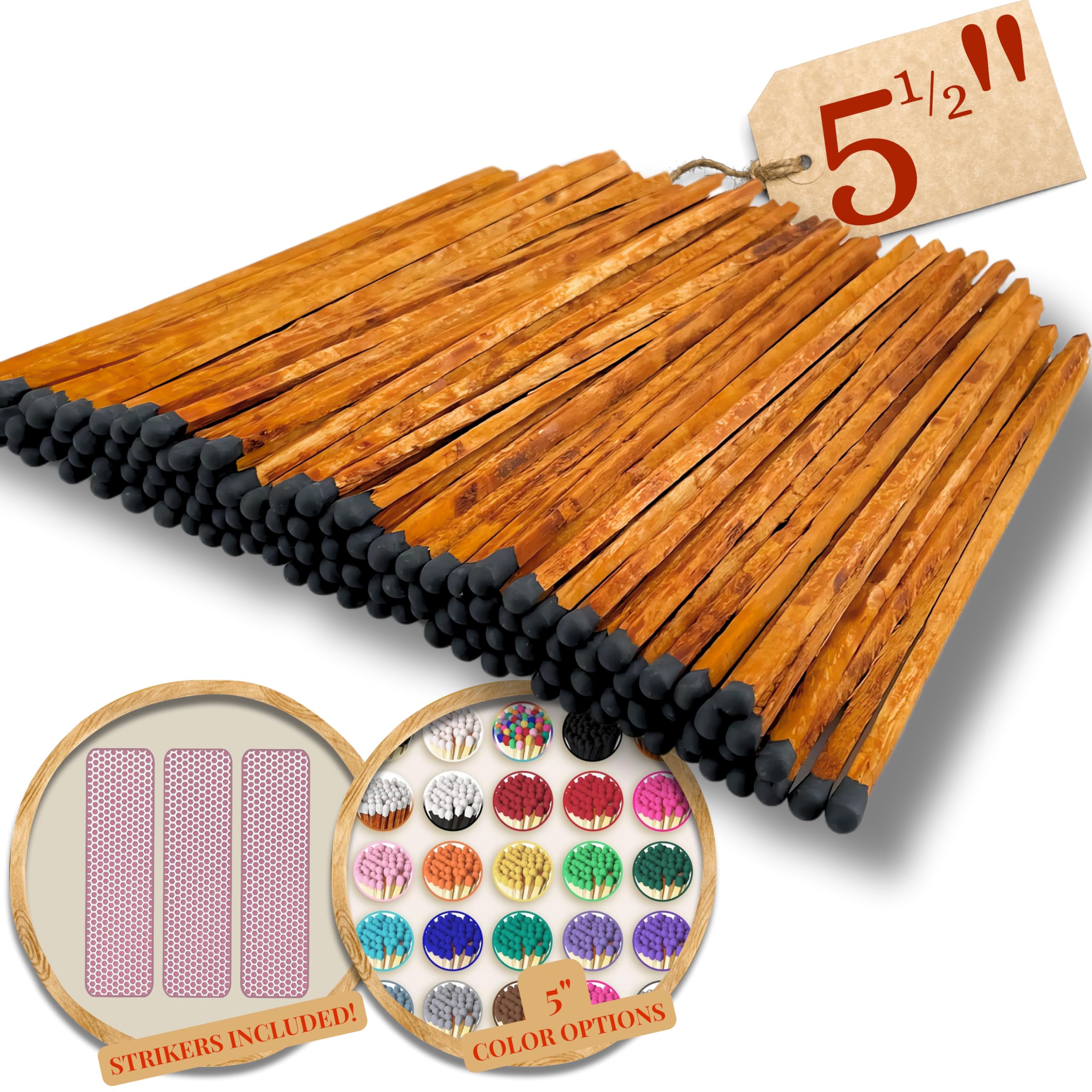 100 Count | 5.5" Brown Stick/Black Tip Matches | Strikers Included | Color Tip Wooden Match | Refill for Matchstick Jars, Candle Display, Holders &