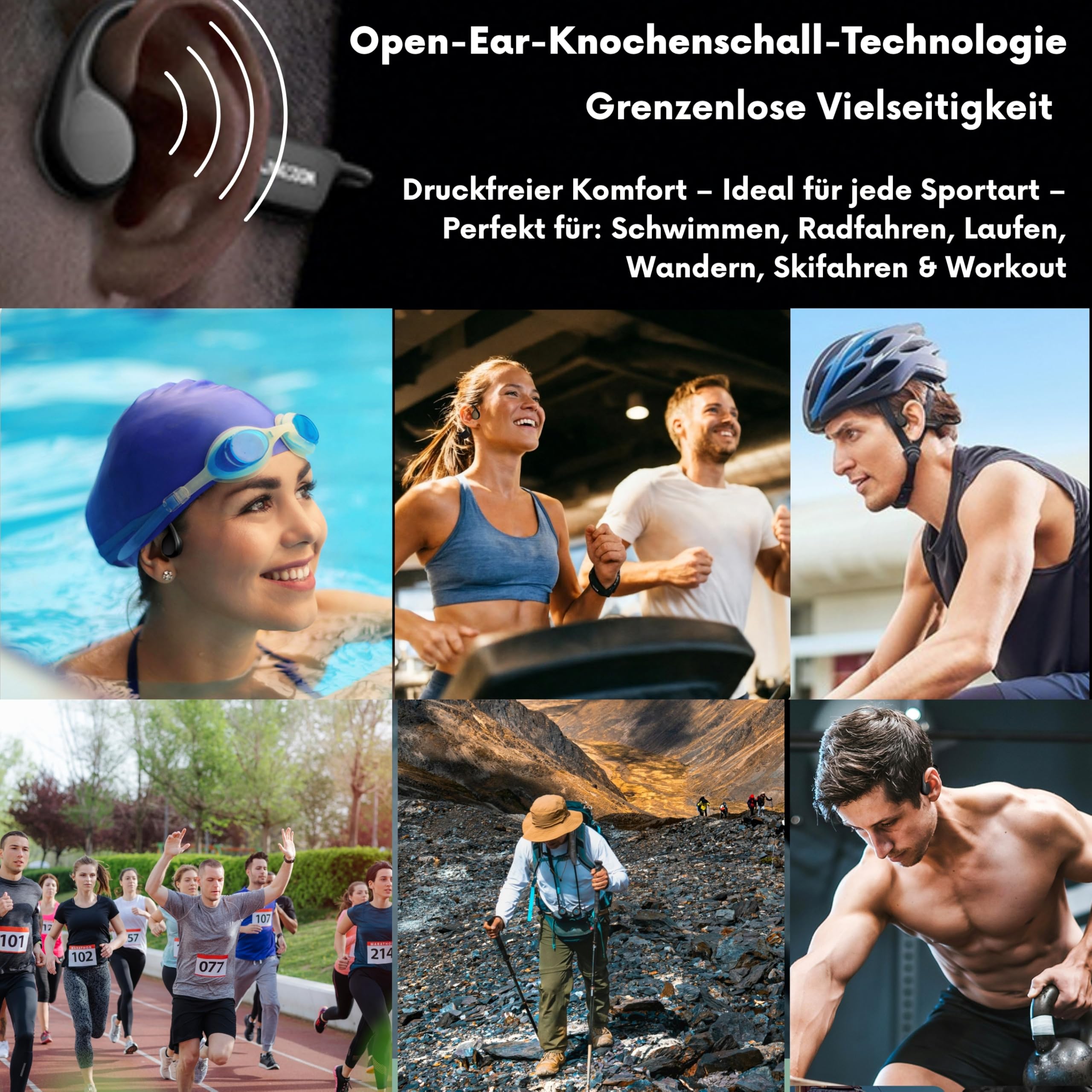 Knochenschall Kopfhörer Schwimmen, Open-Ear kopfhörer Bluetooth 5.4, IP68 Wasserdicht, 32GB Interner Speicher MP3 Player mit Mikrofon,10 Std Spielzeit für Laufen,Radfahren & Gym
