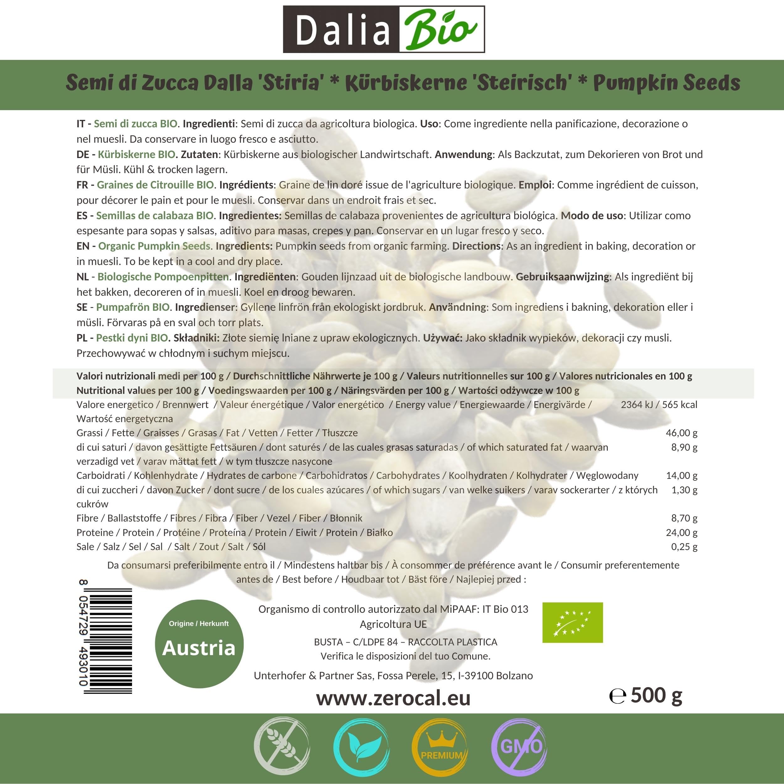 Dalia Bio - Semillas de calabaza crudas orgánico sin cáscara 500g - Origen Austria (Estiria) | natural, sin sal