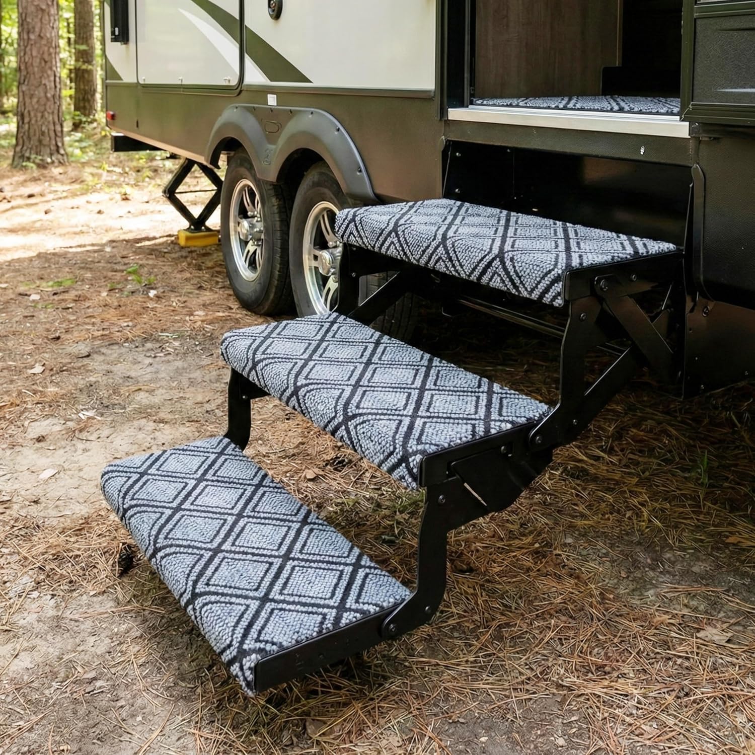 RV Step Covers 22 Inch 3 Pack Diamond RV Stair Covers Wrap, Best Fits 8-11" Deep Camper Stairs, RV Step Rugs Gray-Black, Kid & Pet Friendly