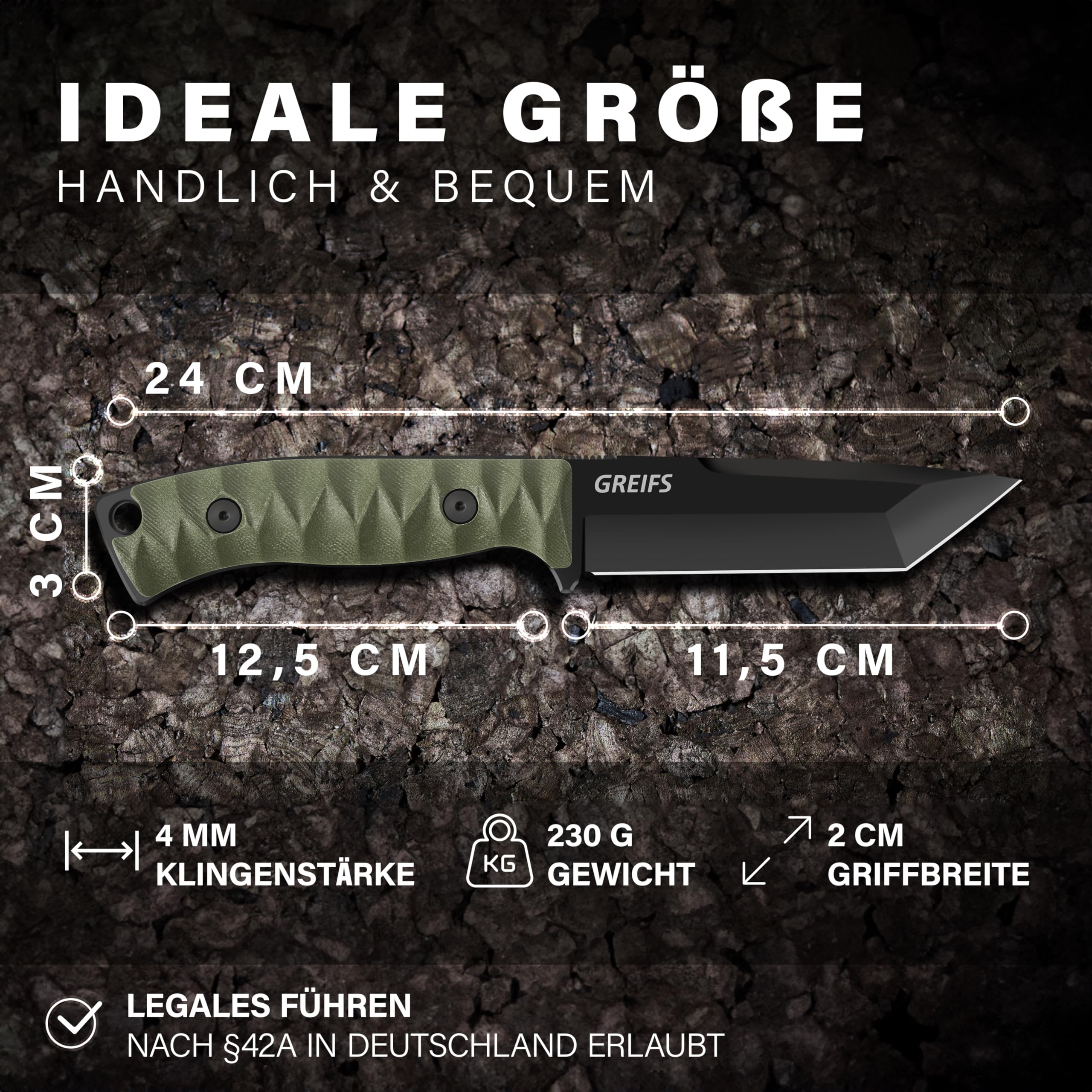 GREIFS® Outdoor-Messer Tanto aus D2 Stahl mit Kydex Holster und Feuerstahl, edles Survival Messer für die Bushcraft Ausrüstung, Jagdmesser, Schnitzmesser, Fahrtenmesser (RangerTanto/Schwarz-Grün)