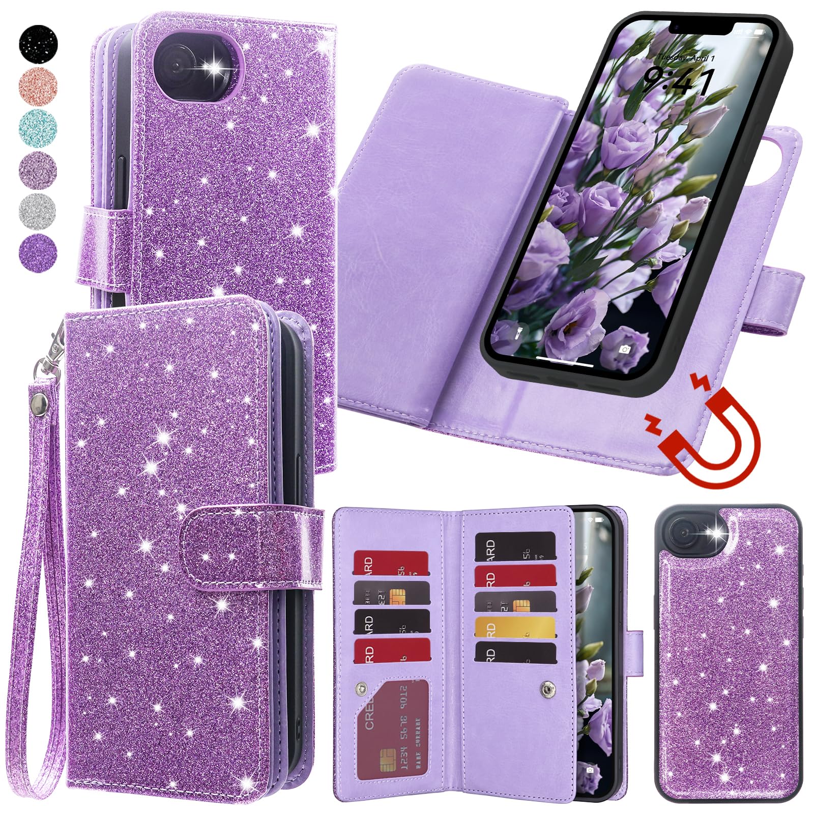 Varikke for iPhone 17e / iPhone 16e Wallet Case Detachable with RFID Blocking Card Holder for Women, Glitter Leather Wrist Strap Strong Magnetic Flip