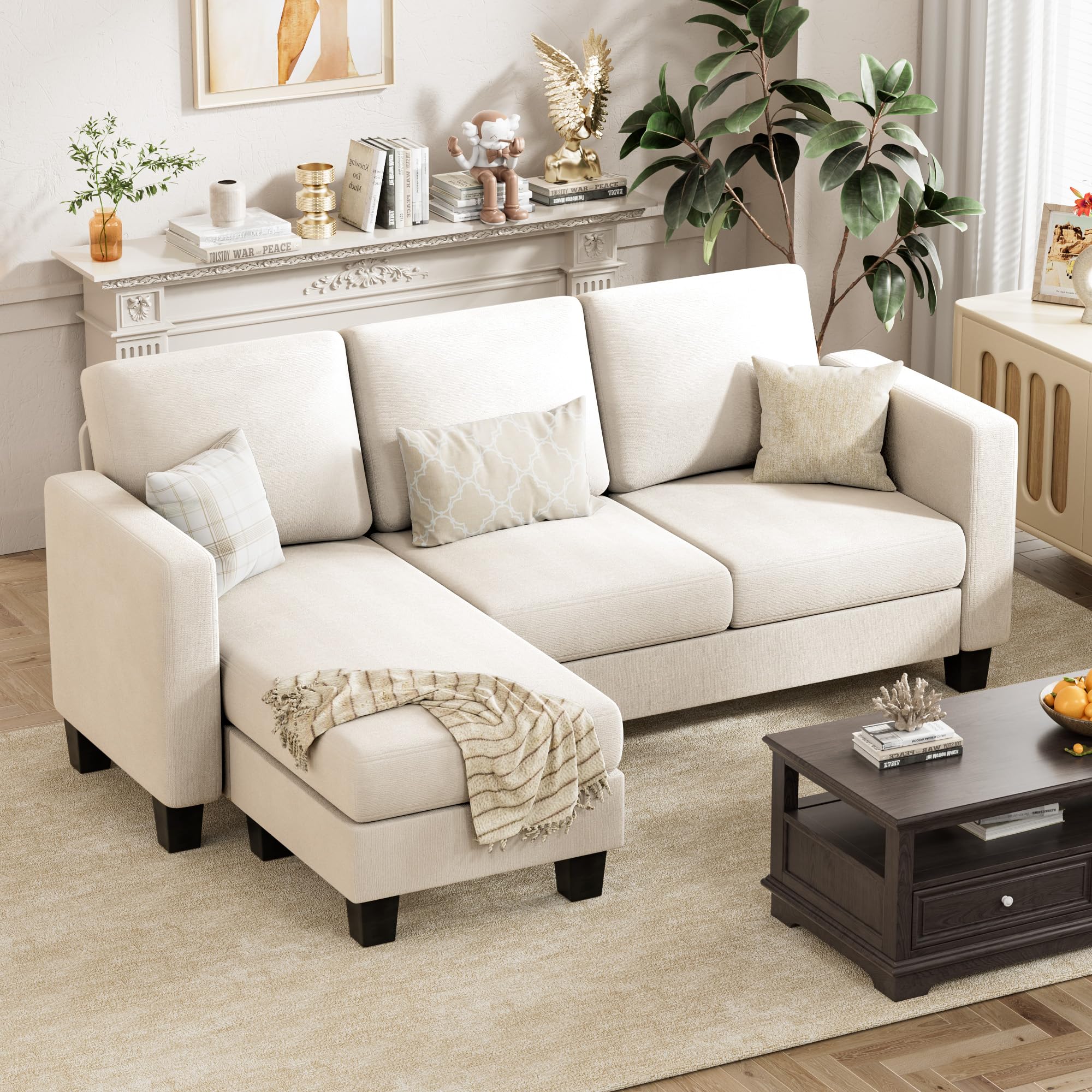 VICTONE Convertible Sectional Sofa Couch, 3 Seat L-Shaped Sofa with Linen Fabric, Movable Ottoman Small Couch for Small Apartments, Living Room and Office (Whtie)