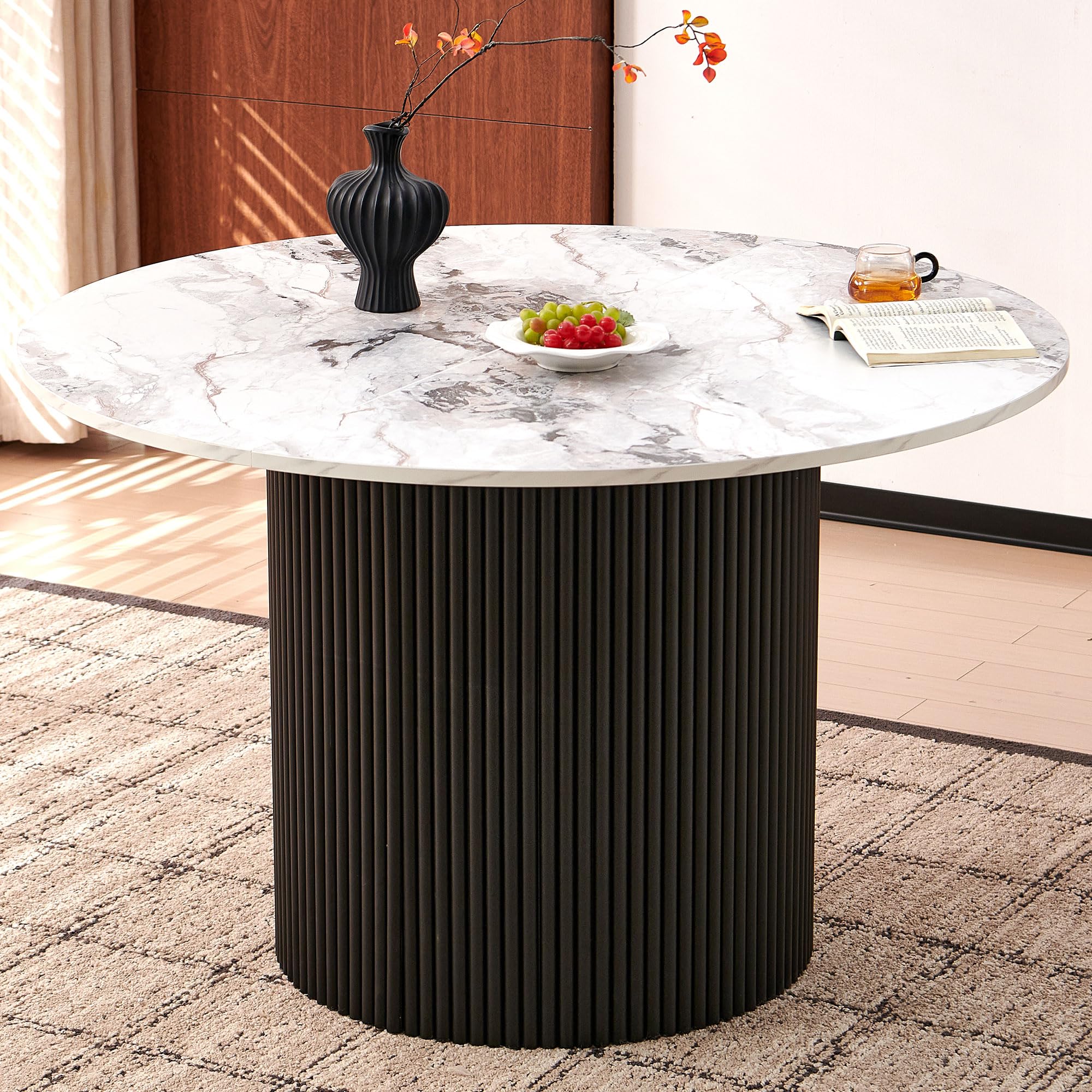 Pandolfini Modern Round Kitchen Table for 4, 47" White Dining Table, Circle Dining Room Table, Dinner Coffee Table with White Marble Effect Tabletop,