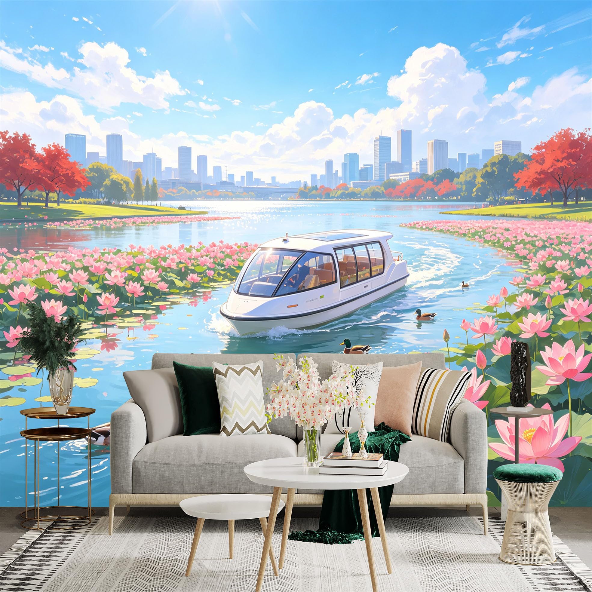 Custom Size Wall Sticker Mural， Modern City Skyline with Boat， Beautiful Lotus Pond， Ducks Swimming in River， for wall Decoration， peelandstick wall Decals.