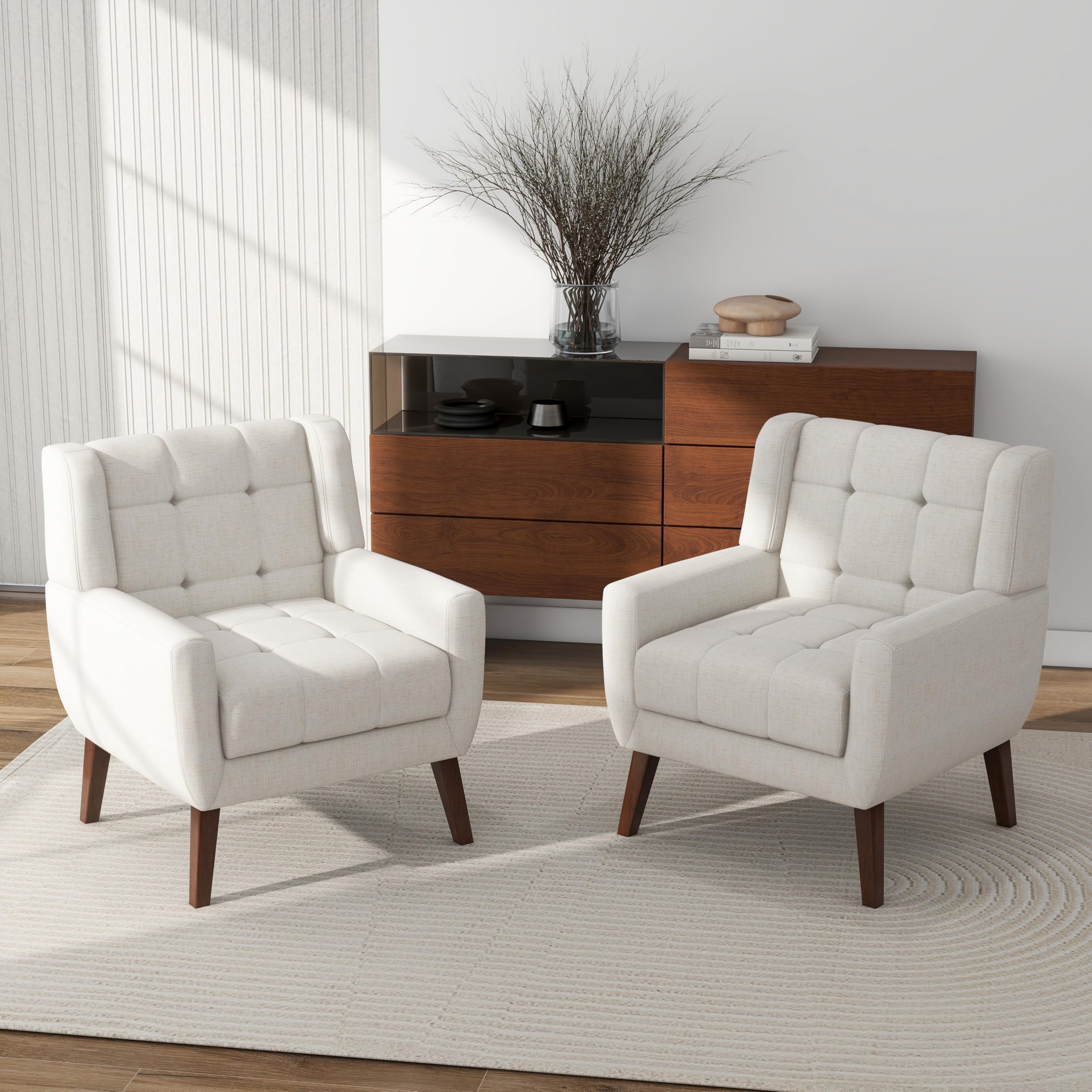 DREAMSIDEA Accent Chair, Comfy Mid Century Modern Small Armchairs with Solid Wood Frame and Soft Cushion for Living Room, Bedroom (Fabric, Beige, Set