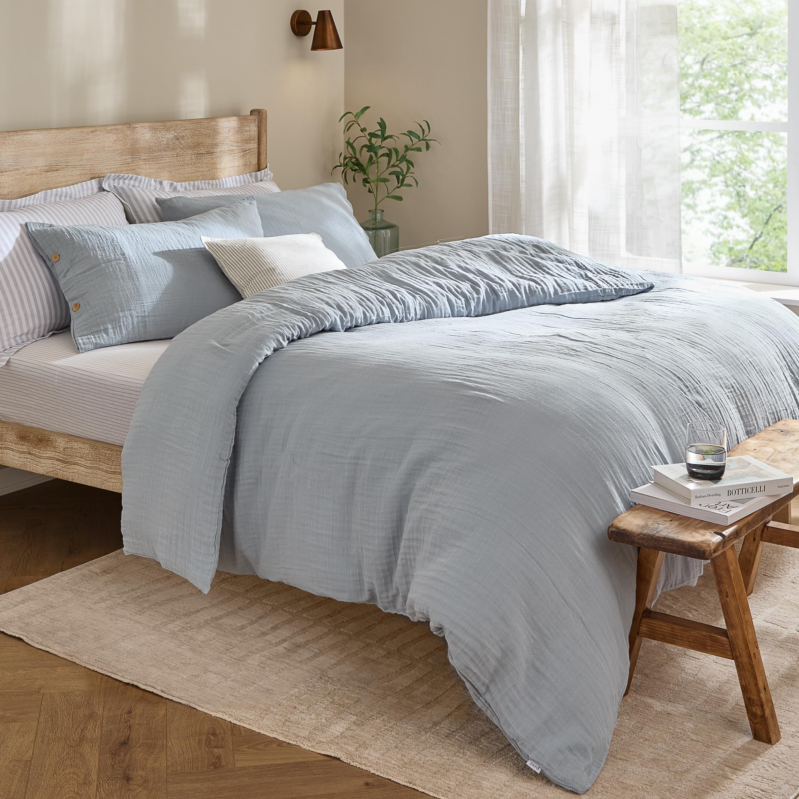 Yard furn Lark Cotton Muslin Duvet Cover Set - Soft Crinkle Texture Bedding (Mineral Blue - Super King)