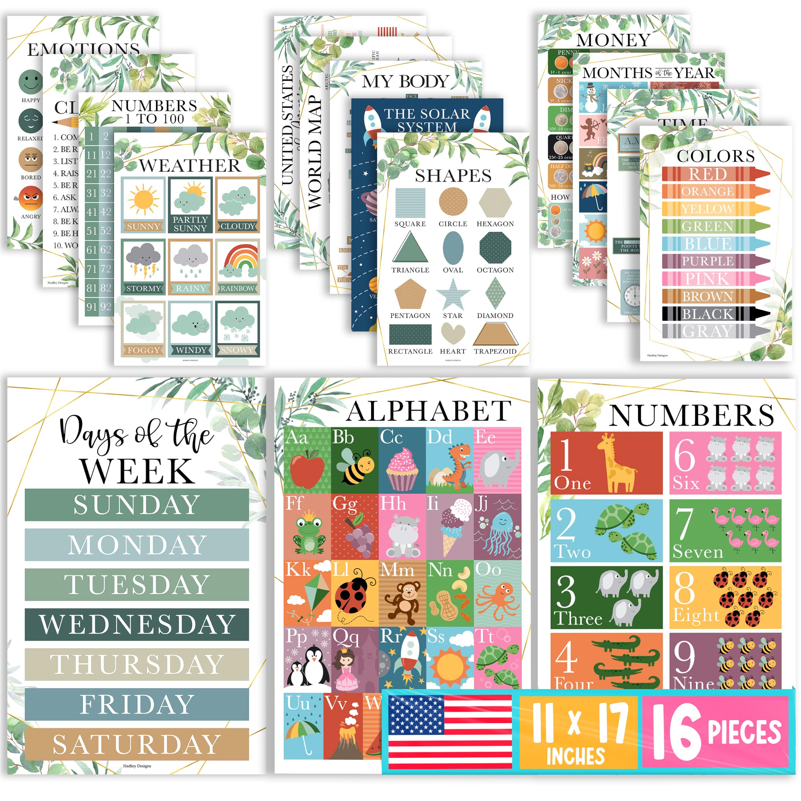 Hadley Designs Lot de 16 affiches murales éducatives de verdure – Apprentissage préscolaire, alphabet, chiffres, formes, géographie, science pour salle de classe, école à domicile