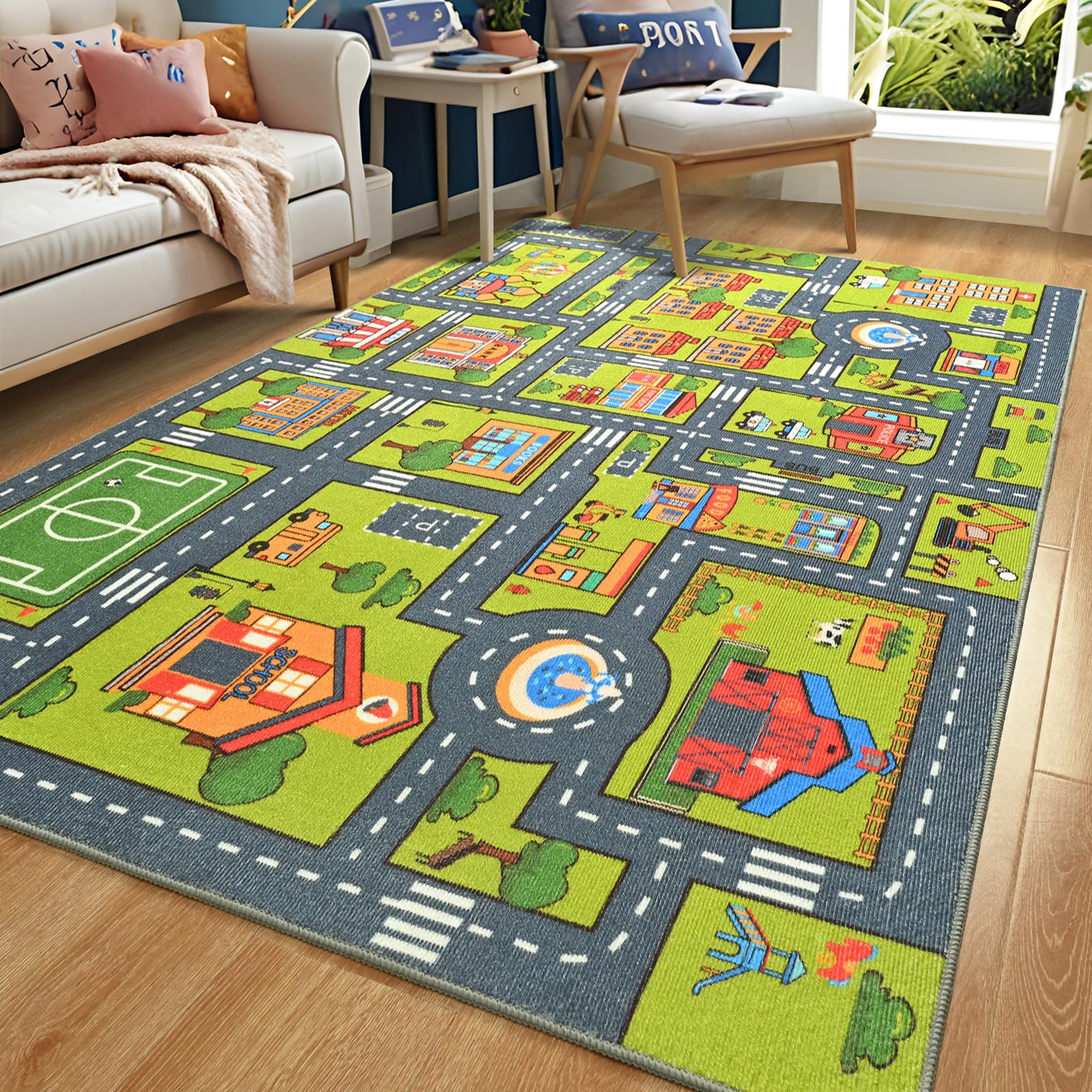 Merelax 4x6 Kids Car Rug Grey Green Area Rugs for Living Room Playroom Classroom Bedroom, Non Slip Kids Play mat Washable Rug, Educational City Traffic Road Map Fun Car Carpet for Ages 3-12