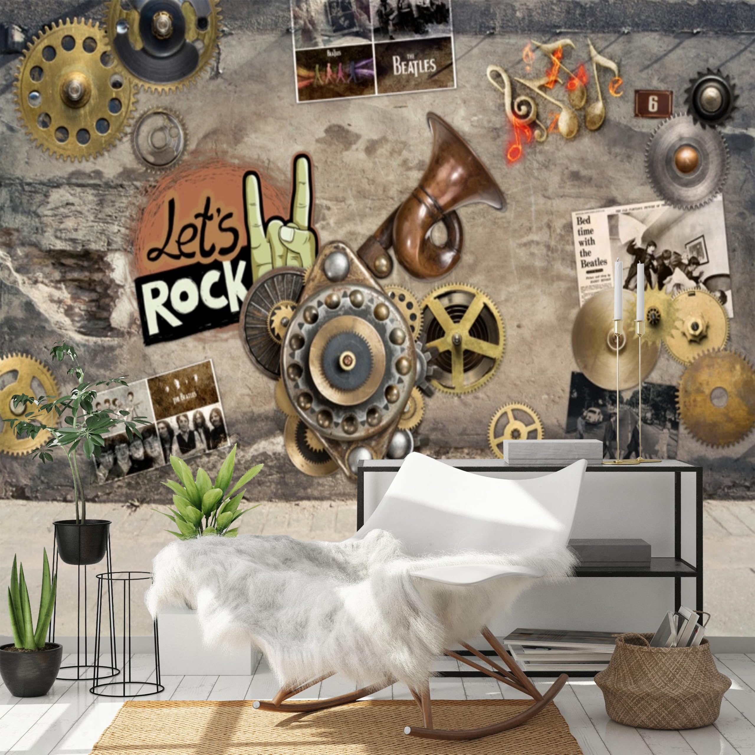 Beatles-Themed Wall with Gears and Posters - Custom Size Wall Murals Self-Adhesive Removable Large Photo Wallpaper for Living Room, Bedroom, Bathroom, Office, Dining Room, Children's Room