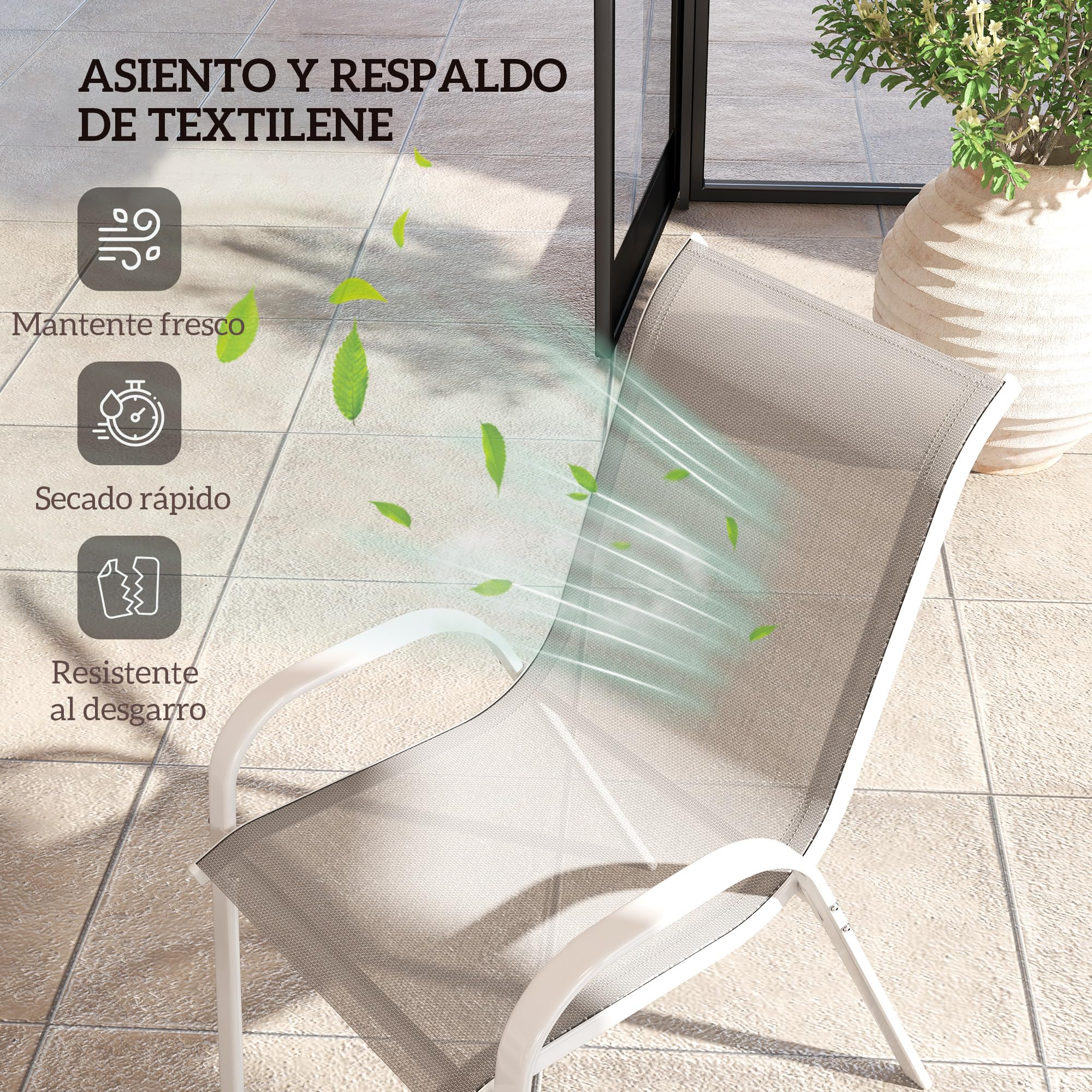Outsunny Juego de 4 Sillas de Jardín Exterior, Sillas Terraza Exterior Apilables, Sillas de Jardín con Tela Transpirable, Marco de Acero, Reposabrazos y Respaldo, 54x71x93 cm, Gris y Blanco