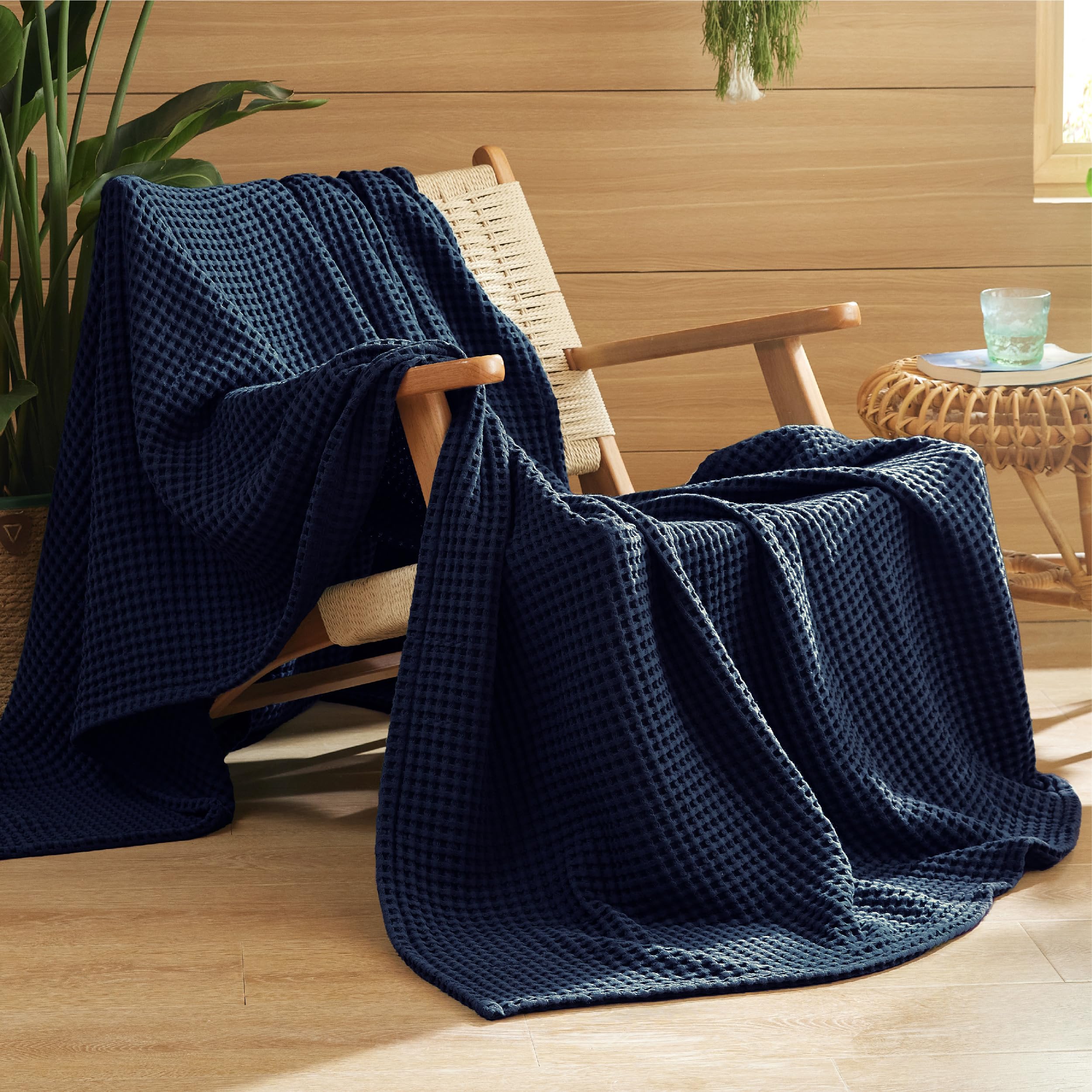 Photo 1 of Bedsure 100% Cotton Throw Blanket for Spring Summer, Ultra Soft Waffle Weave Navy Blue Blanket for Couch Sofa Chair, Thin Lightweight Breathable Bedding Gifts for Women, Men, Teens, 50"x70"