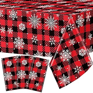 3Pcs Red and Black Buffalo Plaid Merry Christmas Party Tablecloth Decorations Supplies, Plastic White Snowflake Buffalo Plaid Sign Table Cover for Christmas Winter Holiday Indoor Outdoor Party