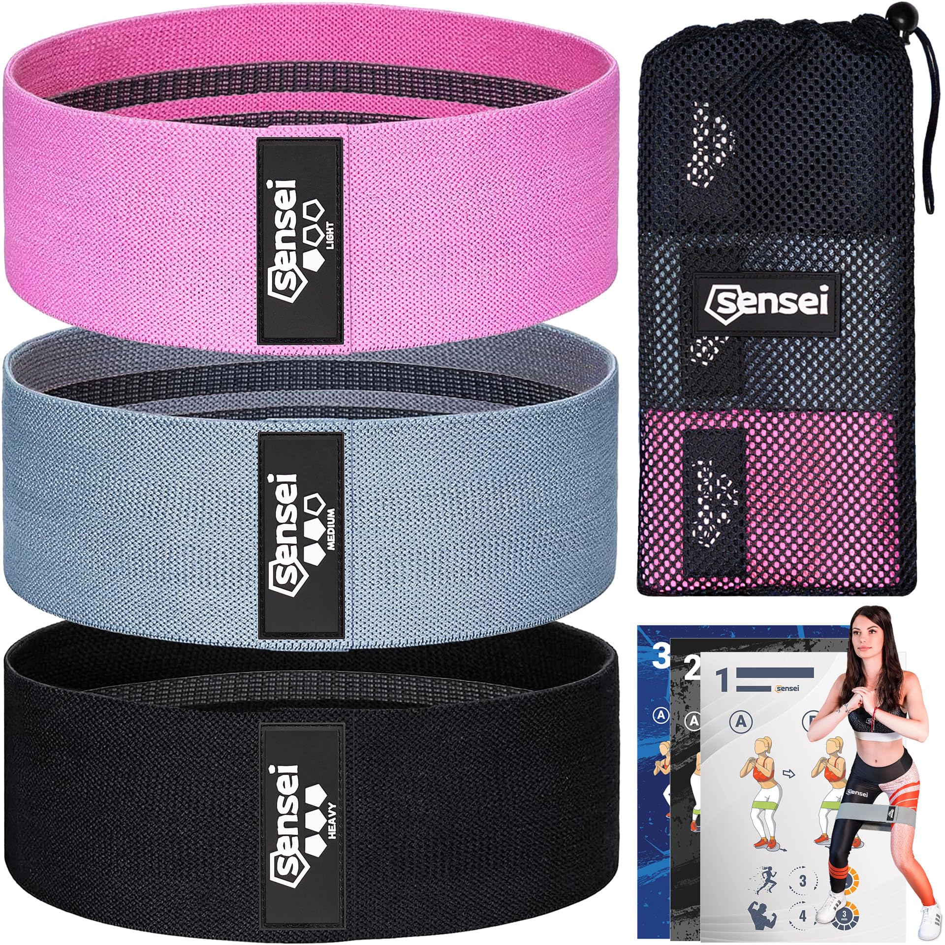 SENSEI® Fitnessbänder Set – 3 Elastic Stoff Trainingsbänder – Rutschfest Resistance Bands für Po, Beine, Pilates & Krafttraining