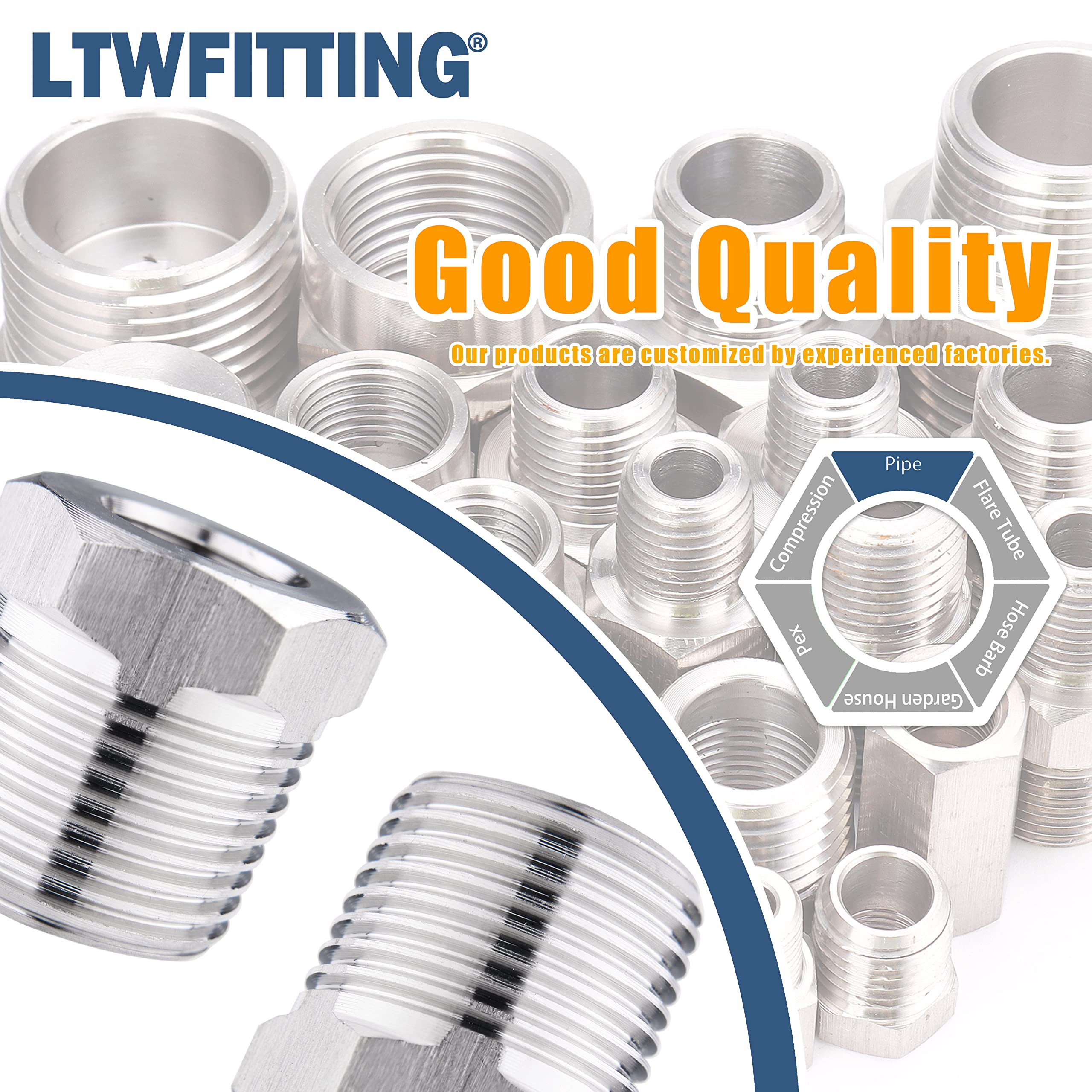 LTWFITTING Stainless Steel 316 Pipe Hex Bushing Reducer Fittings 3/8-Inch Male BSPT x 1/8-Inch Female BSPP (Pack of 10) - Image 2