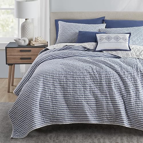 Miniatura 4 de SHALALA - Juego de edredón tamaño King, juego de ropa de cama de rayas azules y blancas, colcha de microfibra suave con 2 almohadas decorativas para