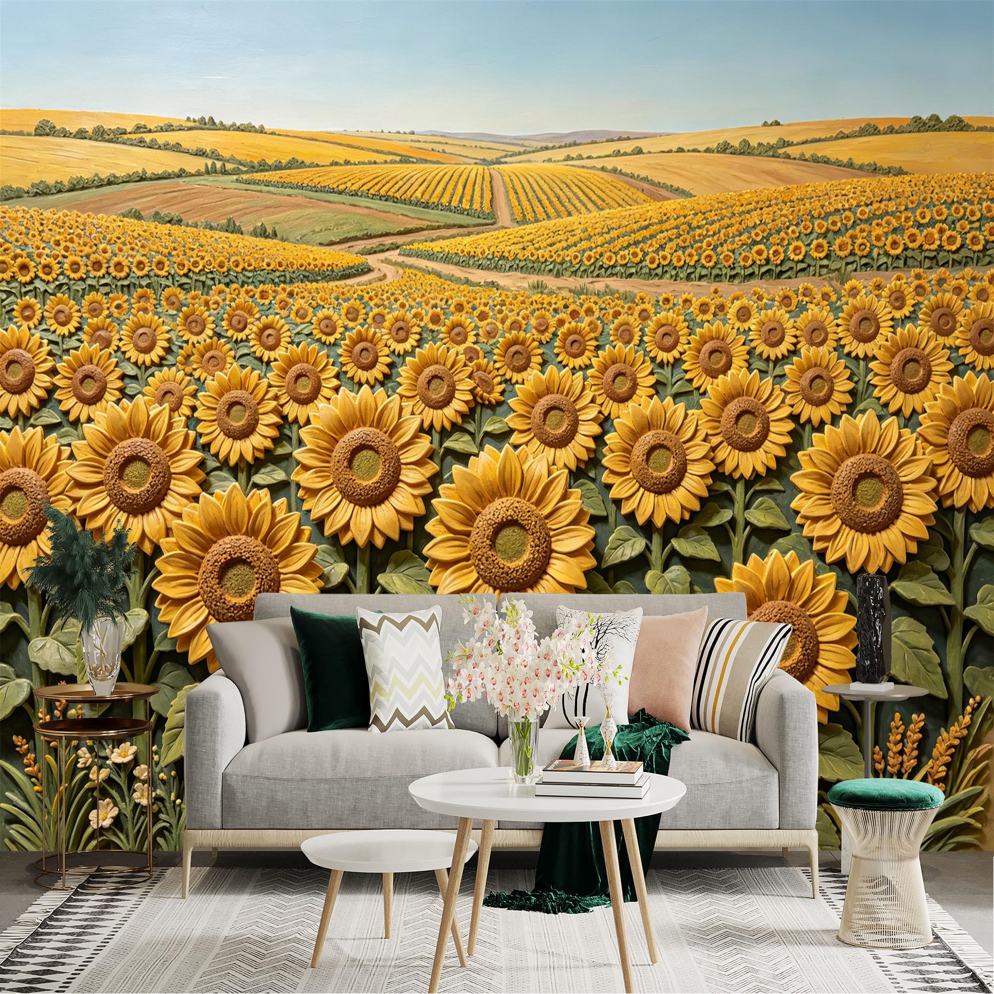 Lnzczhyre Dbh260521781 Custom Size Wall Sticker Mural， Sunflowers Field， Golden Summer Landscape， Scenic Nature View， For Wall Decoration， Peelandstick Wall Decals.