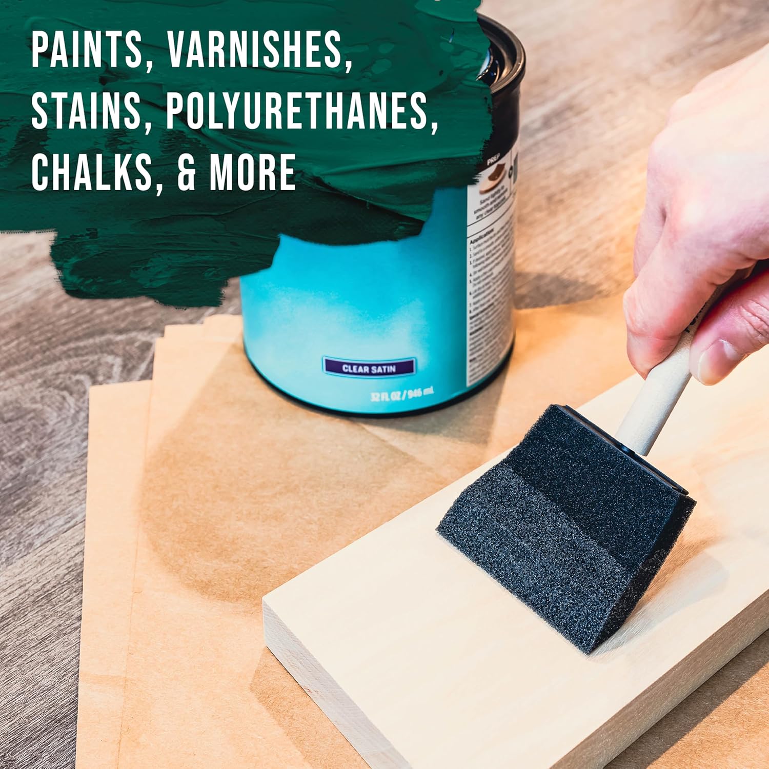 US Art Supply 3 inch Foam Sponge Wood Handle Paint Brush Set (Value Pack of 15) - Lightweight, Durable and Great for Acrylics, Stains, Varnishes, Crafts, Art