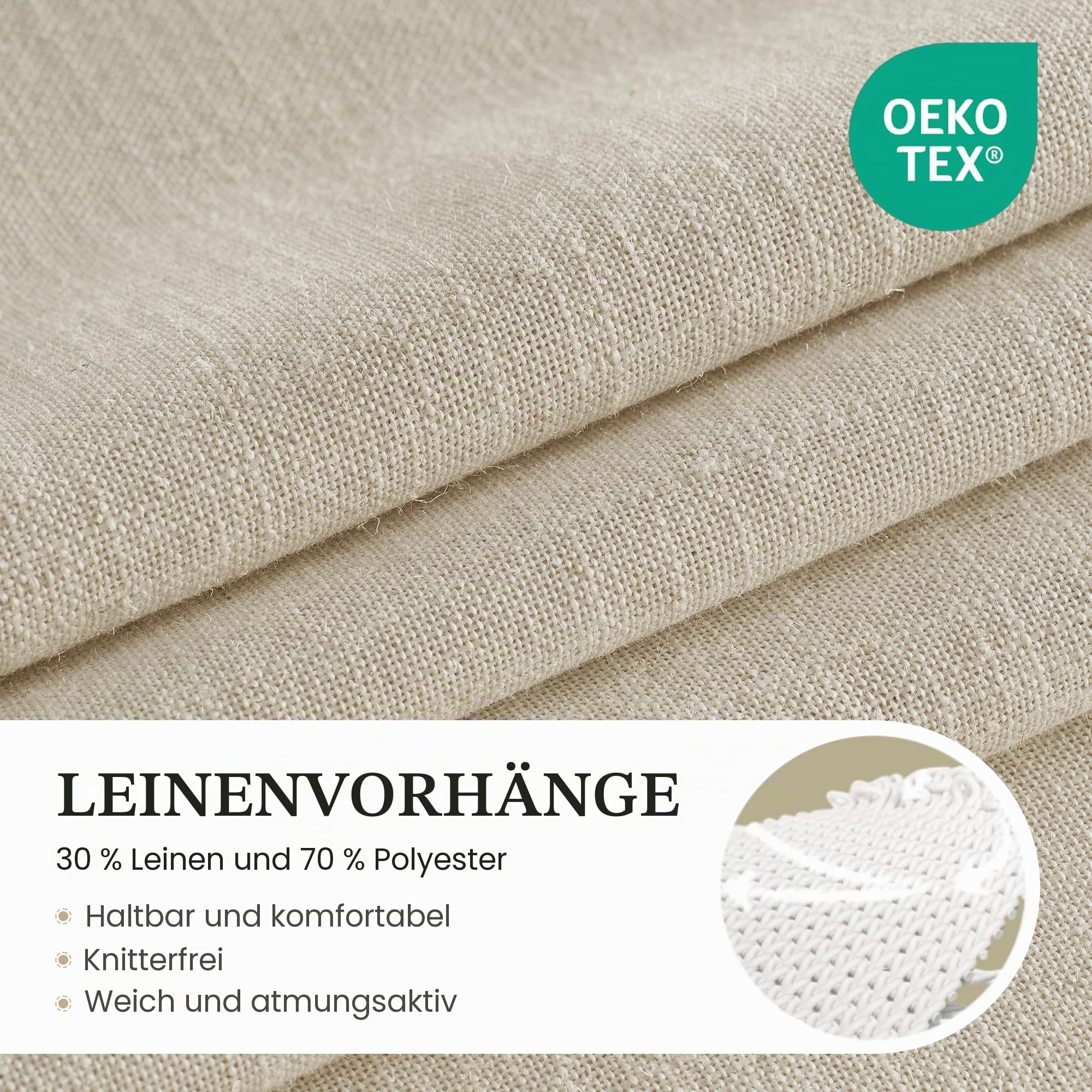 PONY DANCE Leinenvorhang Halbtransparent Boho Gardinen für Wohnzimmer | 2er Set, H245 x B140cm, Beige, 220g/m², Dicht, Schwer, Vintage, Leinenoptik, mit Kräuselband für Schiene, für Schlafzimmer