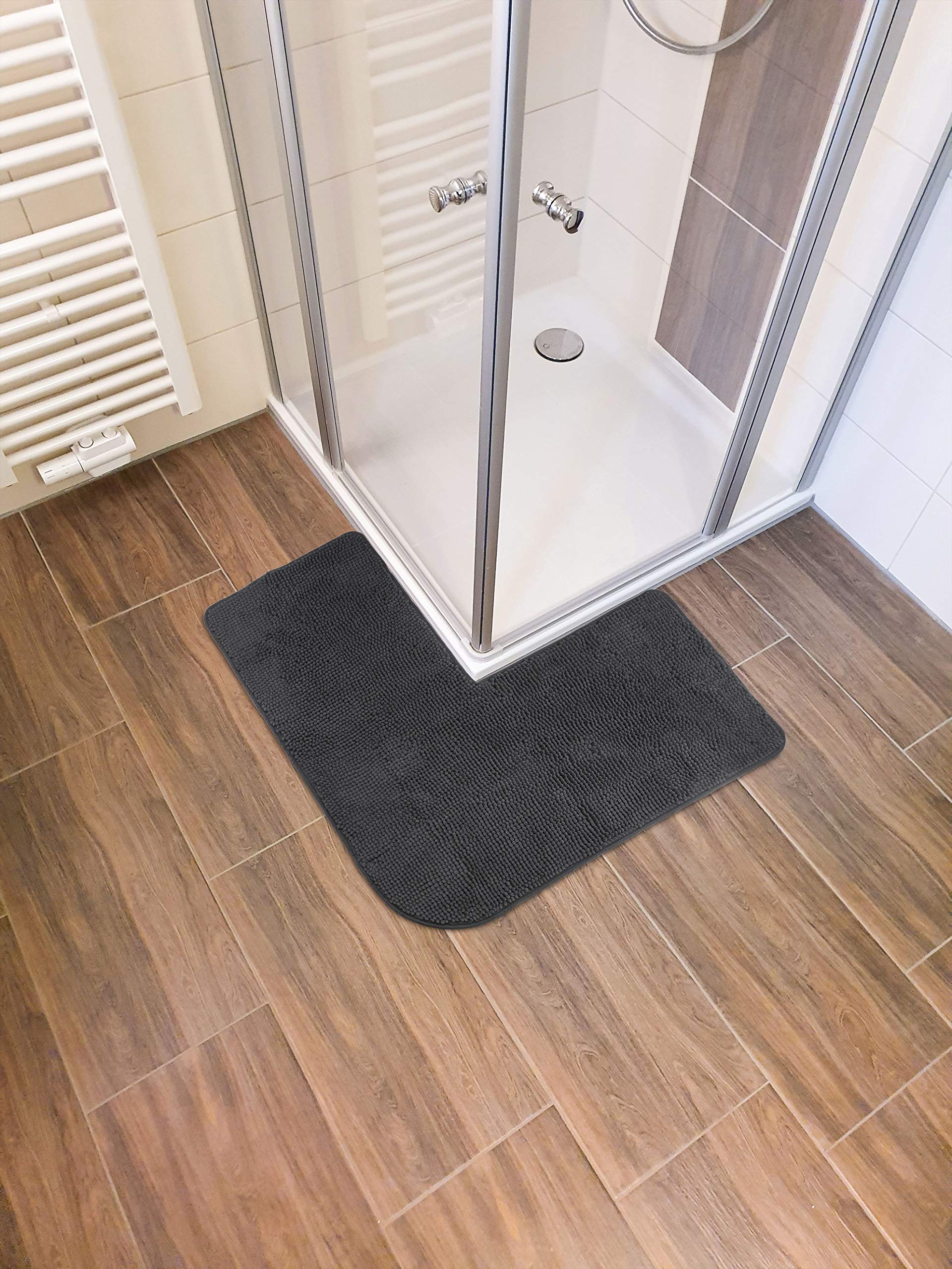 fluffy® Bath Mat for Corner Showers made of Chenille, with Non-Slip Bottom (L-Shape, Anthracite, 95 x 95 cm (Rectangular) - Image 2