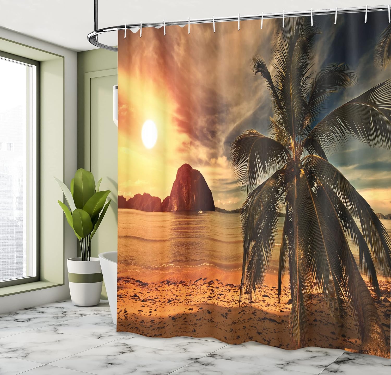Ambesonne Ocean Shower Curtain, Havana Beach Sunny Tropics Mountains Rocks and Coconut Palm Trees, Cloth Fabric Bathroom Decor Set with Hooks, 105" Extra Wide, Dark Green Pale Brown