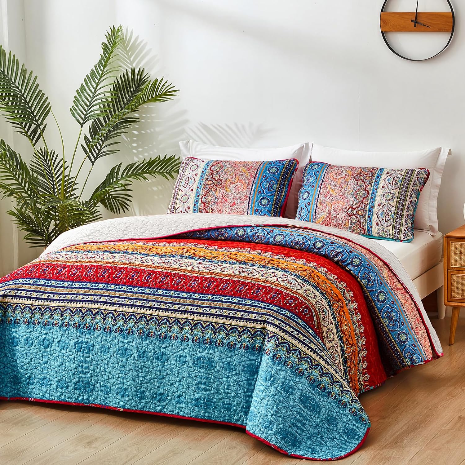 WONGS BEDDING Bohemian Quilt Set Queen Size, Boho Striped Pattern Bedspread Set for All Season, Microfiber Lightweight Coverlet Bedding Set 96"x90"(3 Pieces, Colorful)