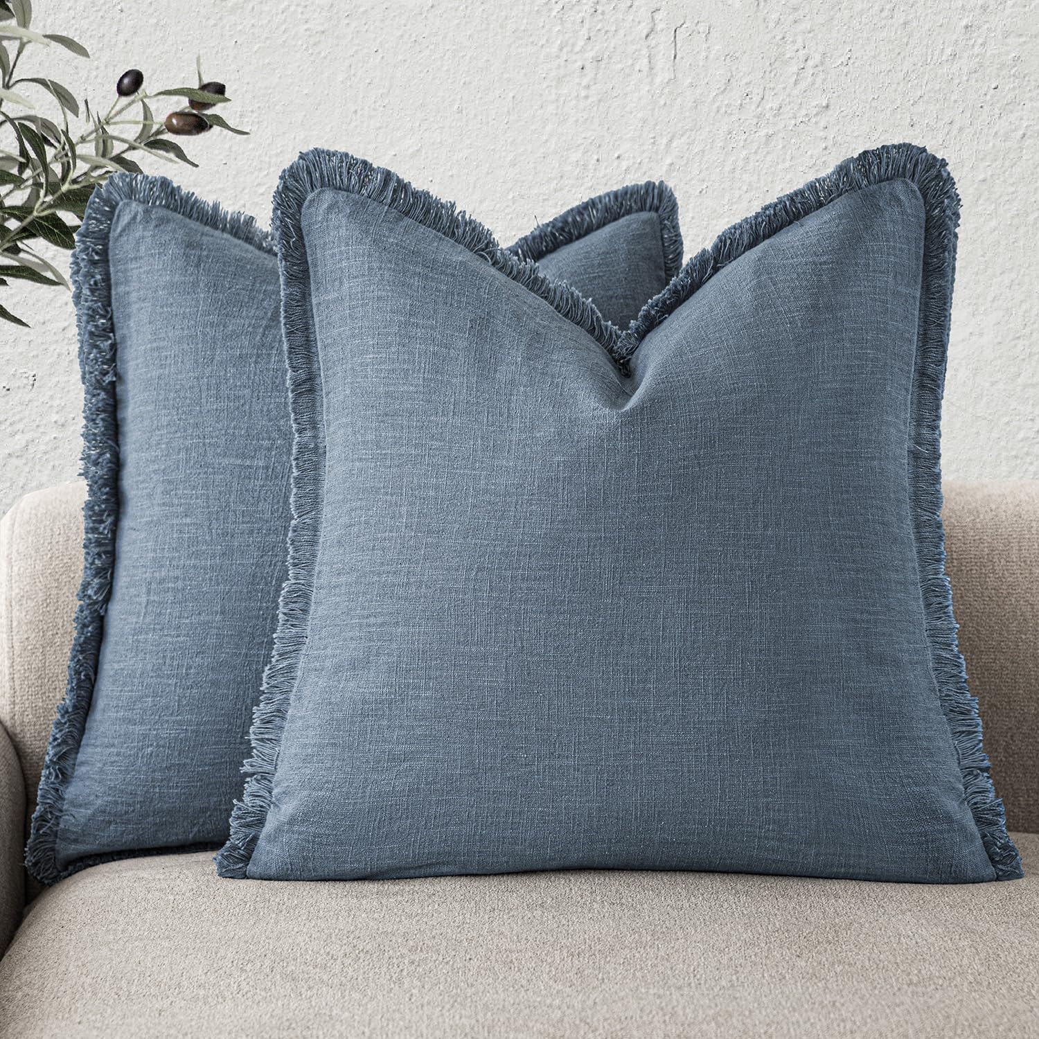 Foindtower Set of 2 Decorative Linen Fringe Throw Pillow Covers Cozy Boho Farmhouse Cushion Cover with Tassels Soft Accent Pillowcase for Couch Sofa