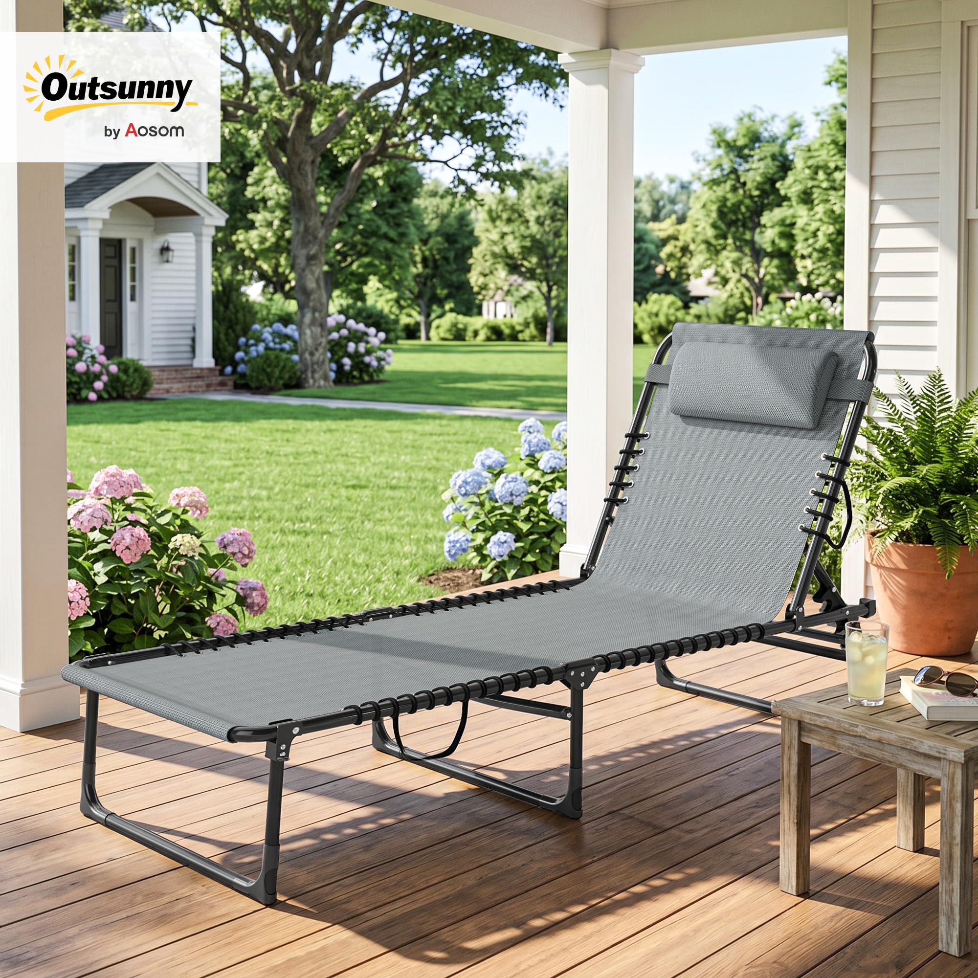 Outsunny Bain de Soleil transat Pliable Dossier inclinable Multi-Positions Acier thermoplastique Lacets élastiques Noir textilène Gris