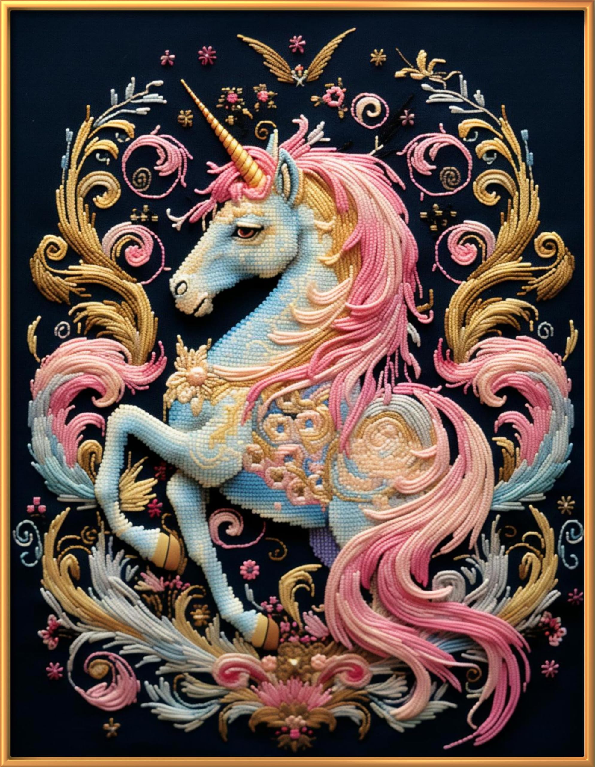 Leczany DIY 11CT Stamped Cross-Stitch Kit - Pre-Printed Embroidery Starter Kit, Needlework Canvas Handicrafts Kit for Adults or Kid for Beginners - Coloured Unicorn 40x52cm