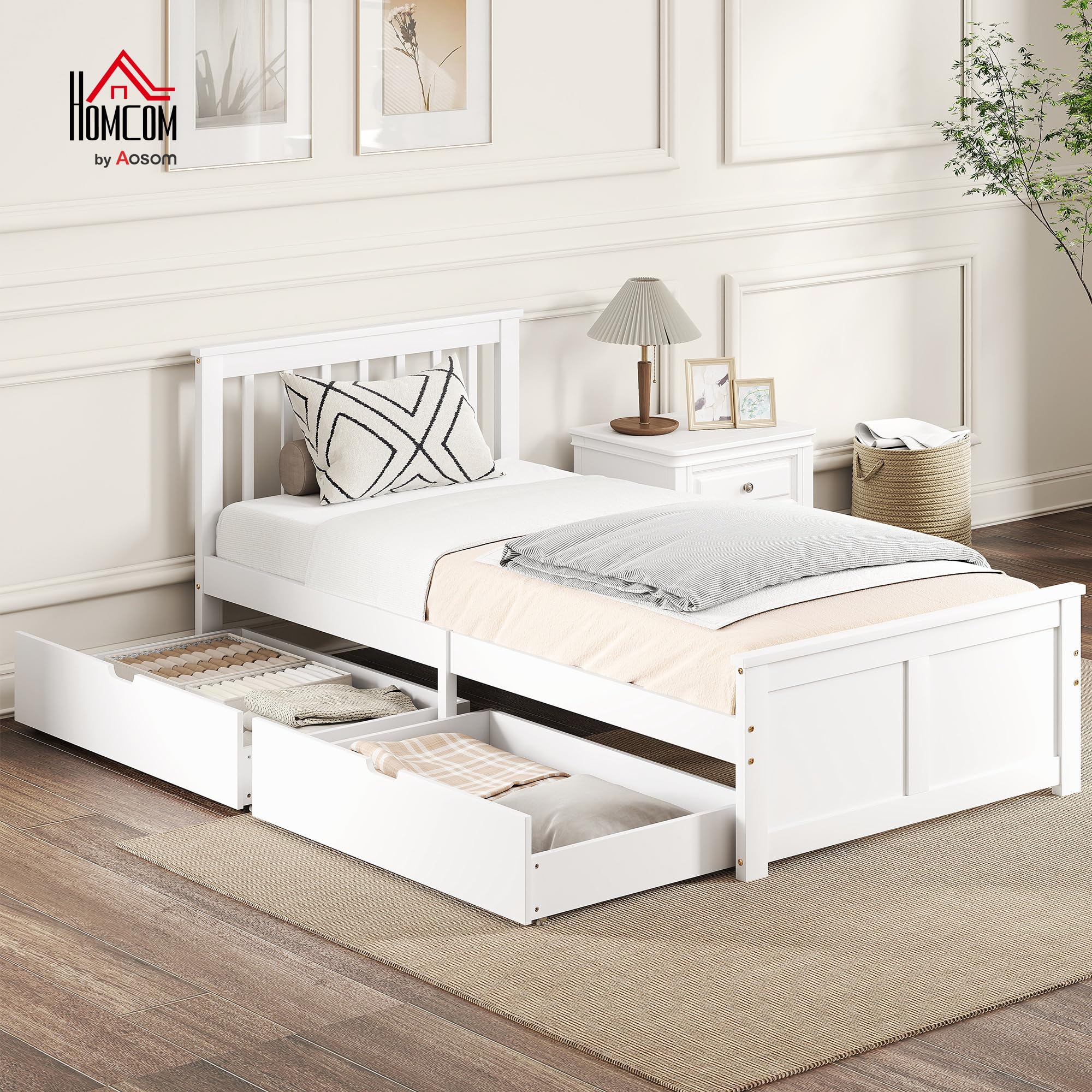 HOMCOM Bett 90 x 200 cm Bettrahmen mit Lattenrost, Schublade, Weiß