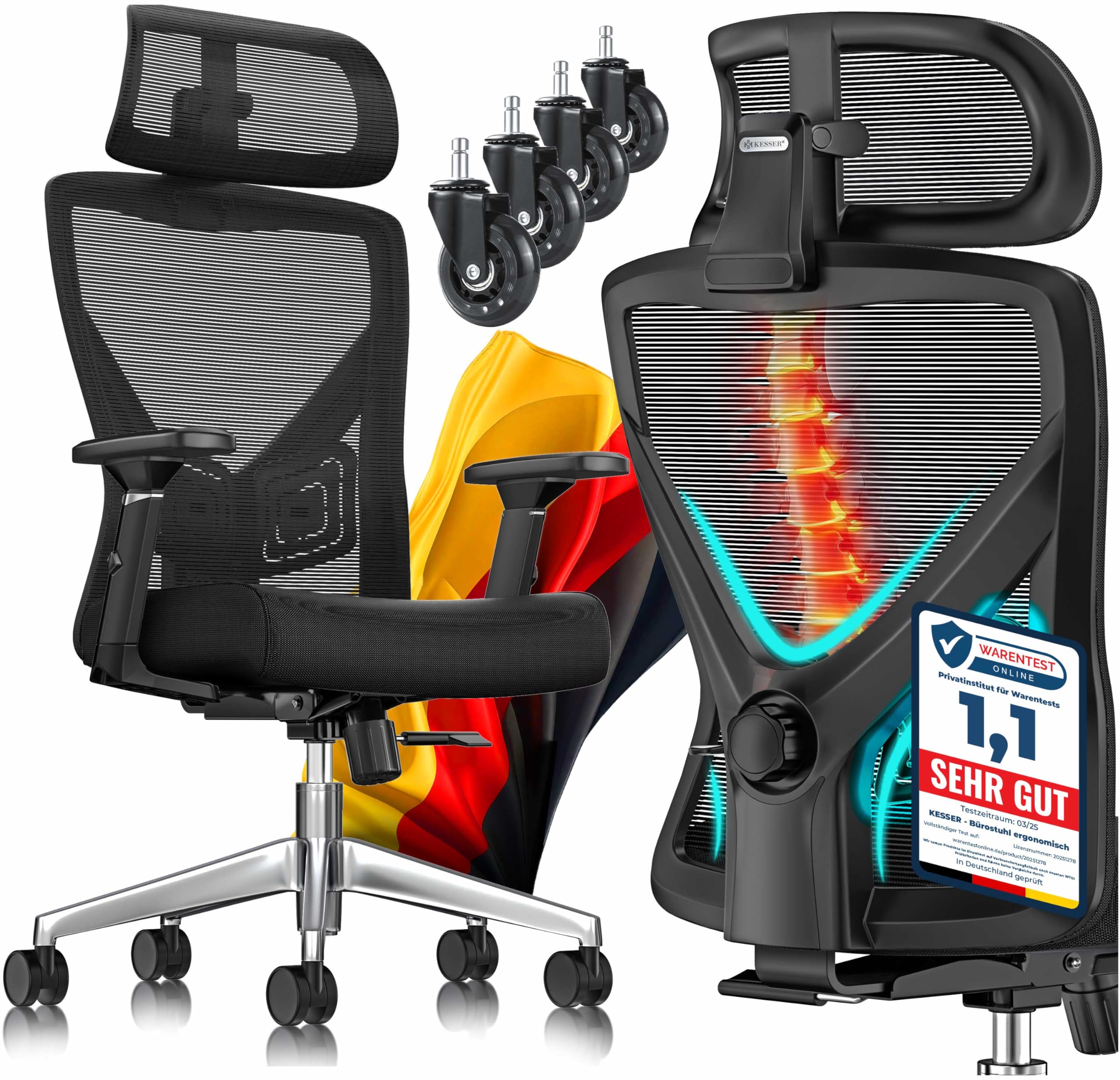 KESSER® Bürostuhl Ergonomisch mit verstellbaren Armlehnen | Drehstuhl mit Lendenwirbelstütze Rückenschonend | Schreibtischstuhl mit Kopfstütze | Office Chair Wippfunktion bis 125° mit 5X Gummirollen