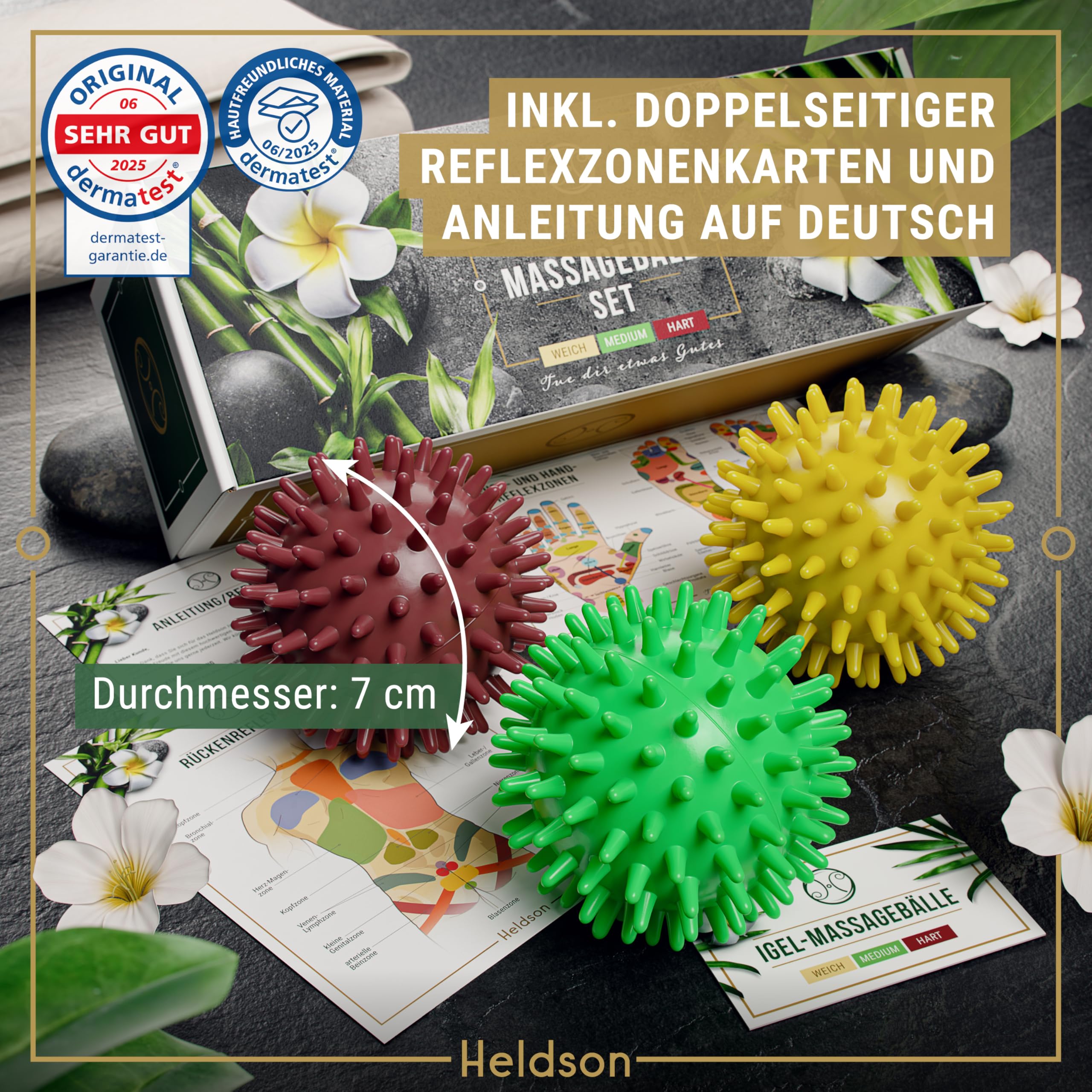 HELDSON® Zestaw piłek do masażu premium [3 stopnie twardości] – piłka do masażu stóp z jeżem twarda, miękka – piłka z wypustkami – małe piłki do masażu powięzi – piłka do masażu powięzi – piłka do