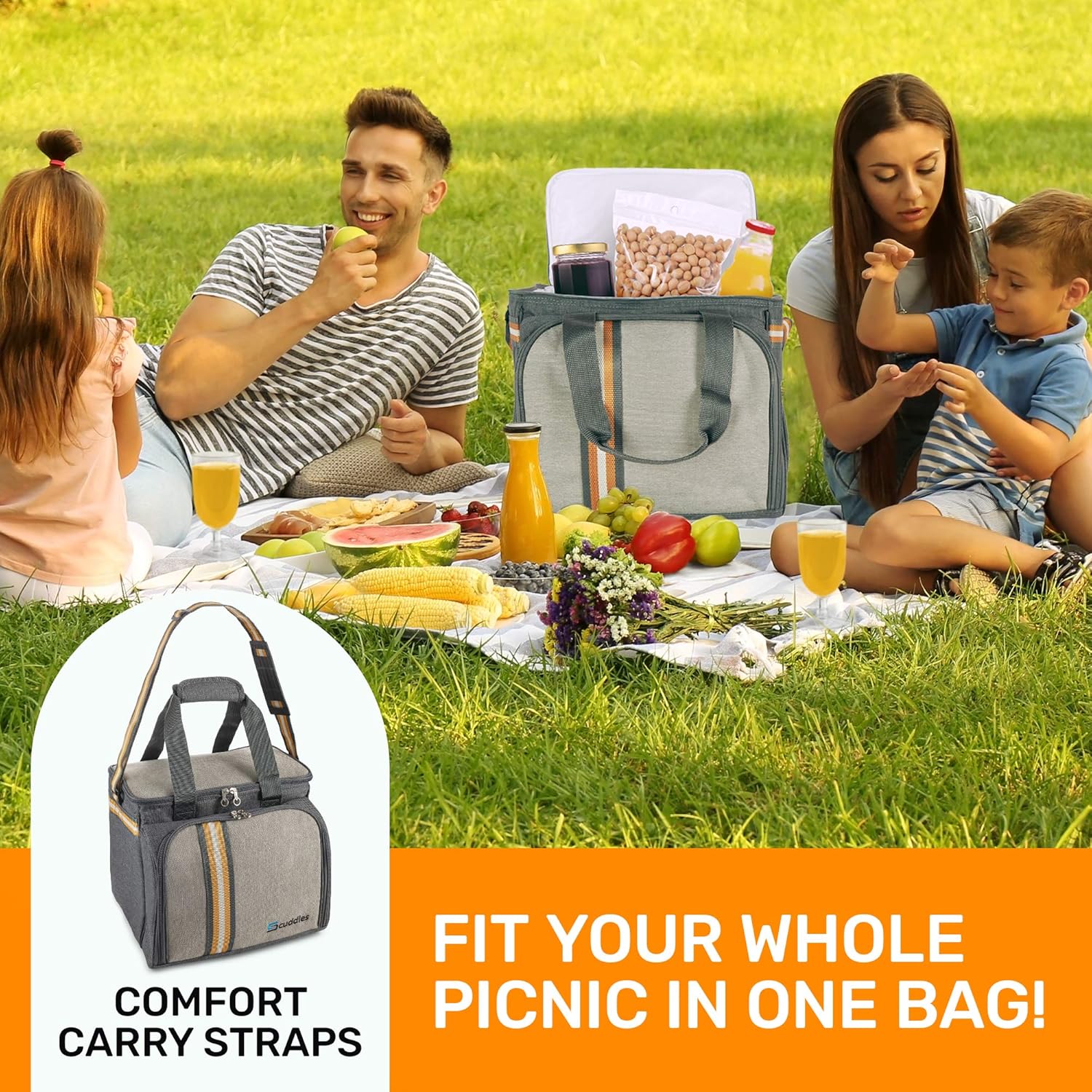 Insulated Picnic Basket Cooler Bag 2-6 People Includes Picnic Cooler, Plates, Wine Cups, Forks, Knives, Salt Pepper Shaker, and More