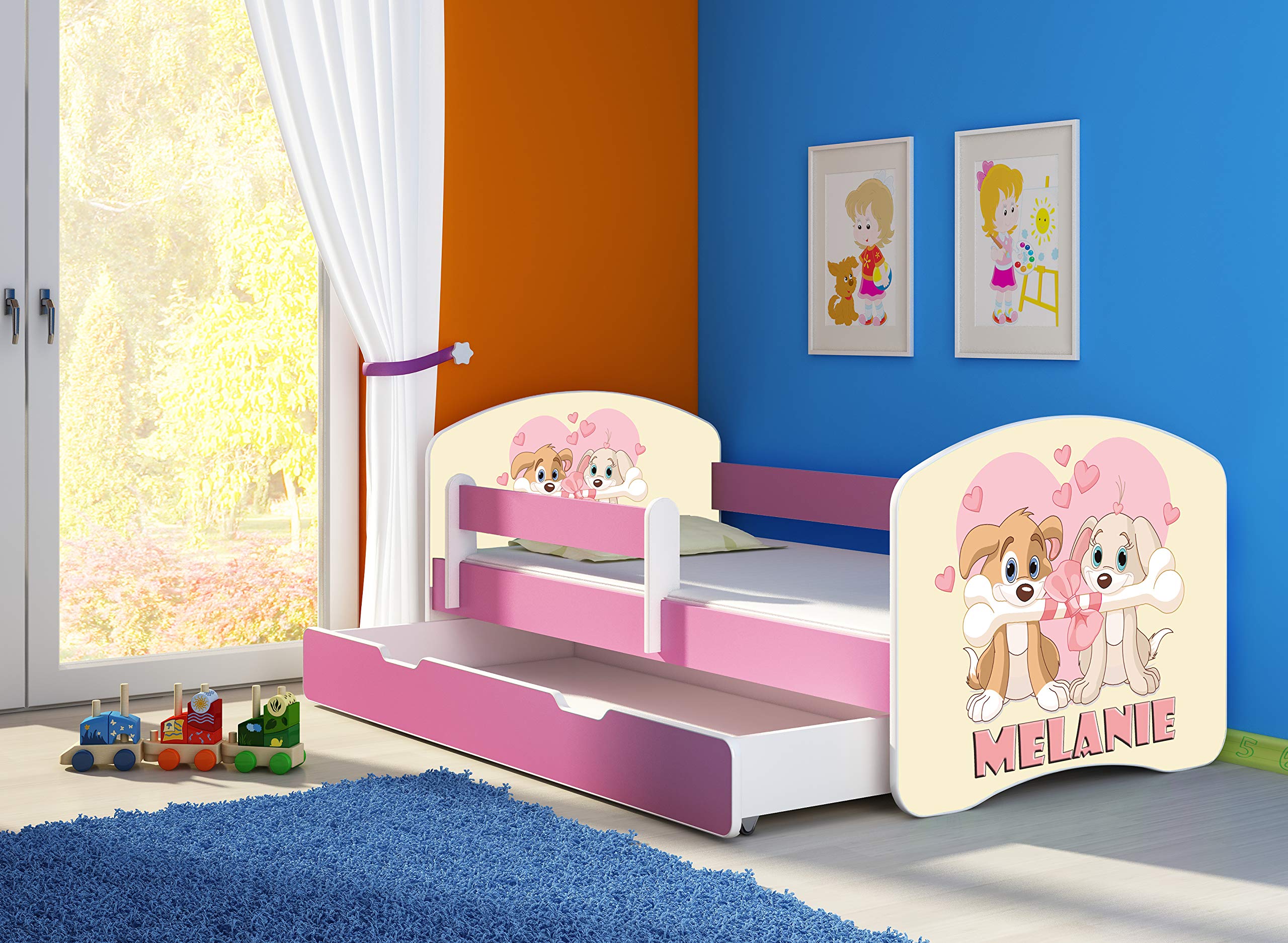 Lit Enfant 70 x 140 cm avec Tiroir, Matelas et Sommier à Lattes - Lit Junior avec Barrière de Sécurité - Rose