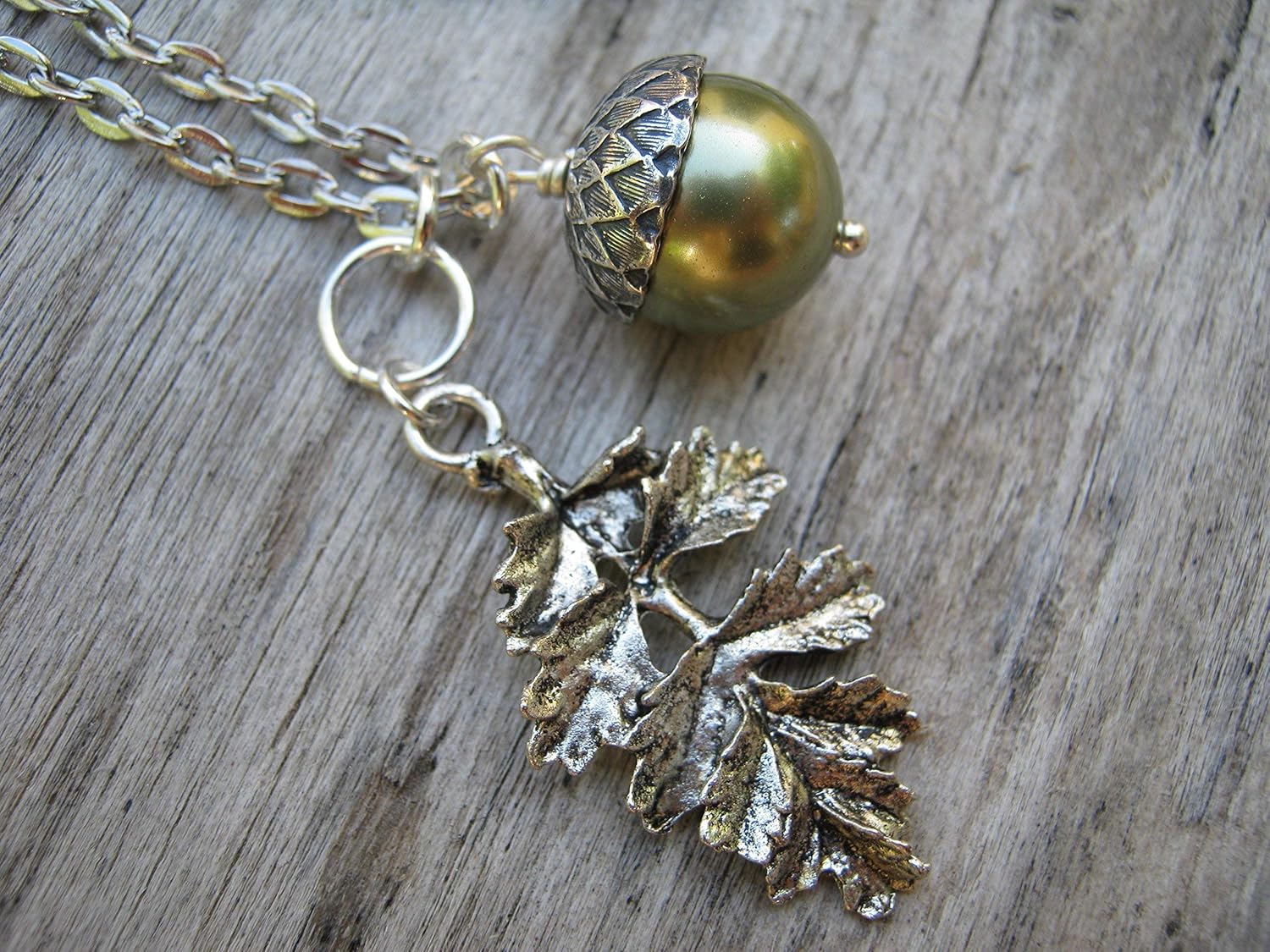 Personalized Acorn Necklace, Designer Faux Pearl Necklace, Antiqued Silver Jewelry, Leaf Branch Autumn Nature, CHOOSE Color, Handmade - Image 8