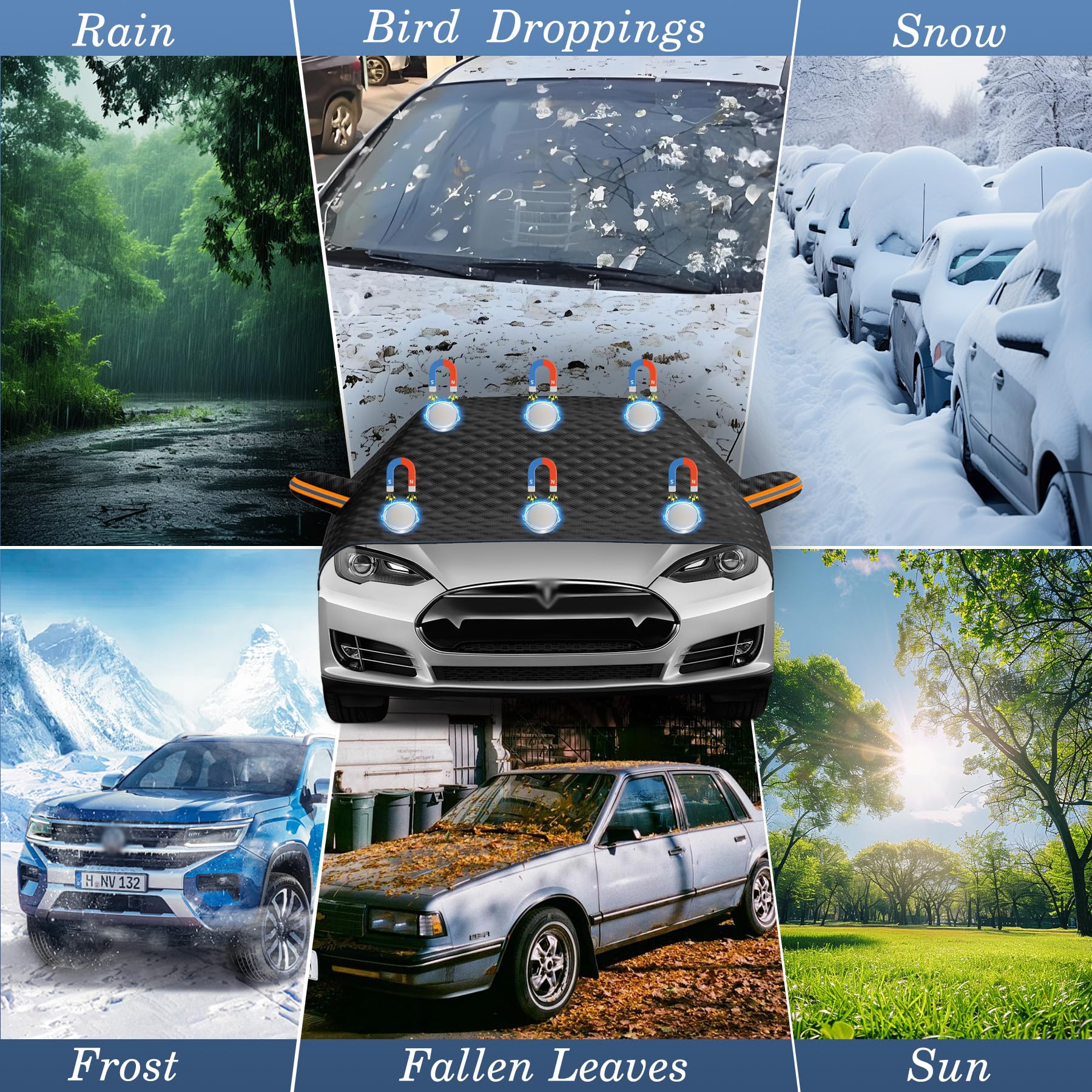 TZEKING Couverture Pare-Brise Avant Voiture,6 Aimants,Protecteur de Pare-Brise de Voiture,Pare-Soleil Anti Givre Neige Protection Repliable,Universelle pour Plupart des Véhicules,230 * 148CM