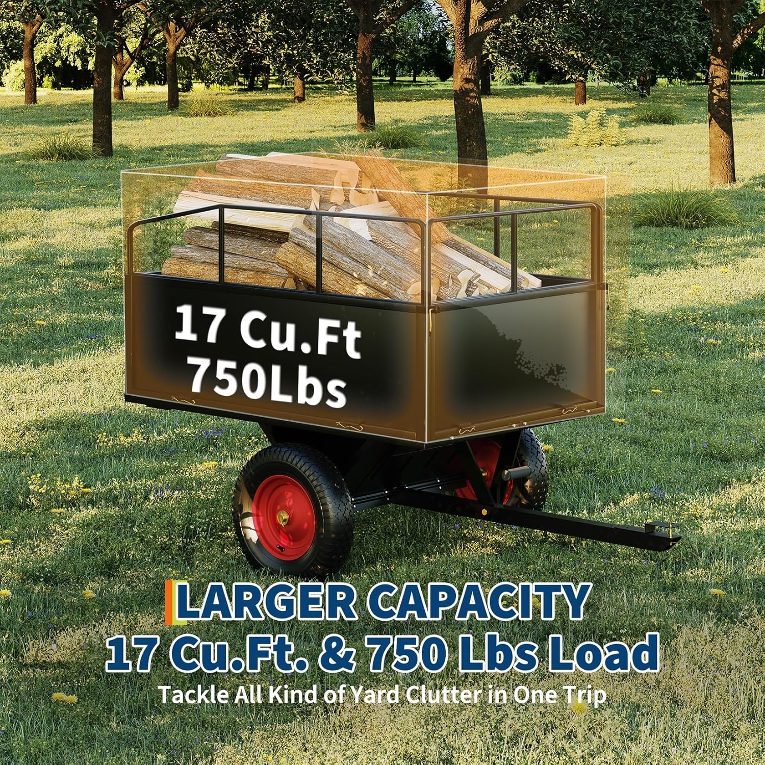 ATV Trailer Tow Behind Steel Dump Cart, 750 lbs 17 Cubic Feet Heavy Duty Yard Garden Trailer with Removable Sides & All Terrain Tires, Fits Lawn Mower, Tractor, Garden Cart, Black