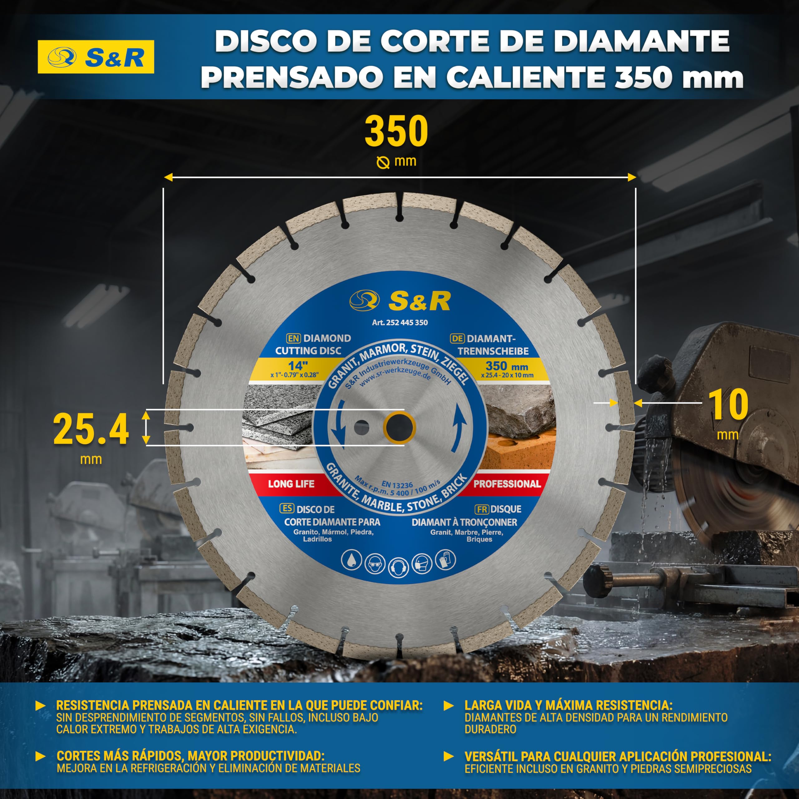 S&R Disco diamante 350 Disco Tronzador Diamante 350 mm para Cerámica Granito Piedra Mármol Mampostería. Calidad Industrial