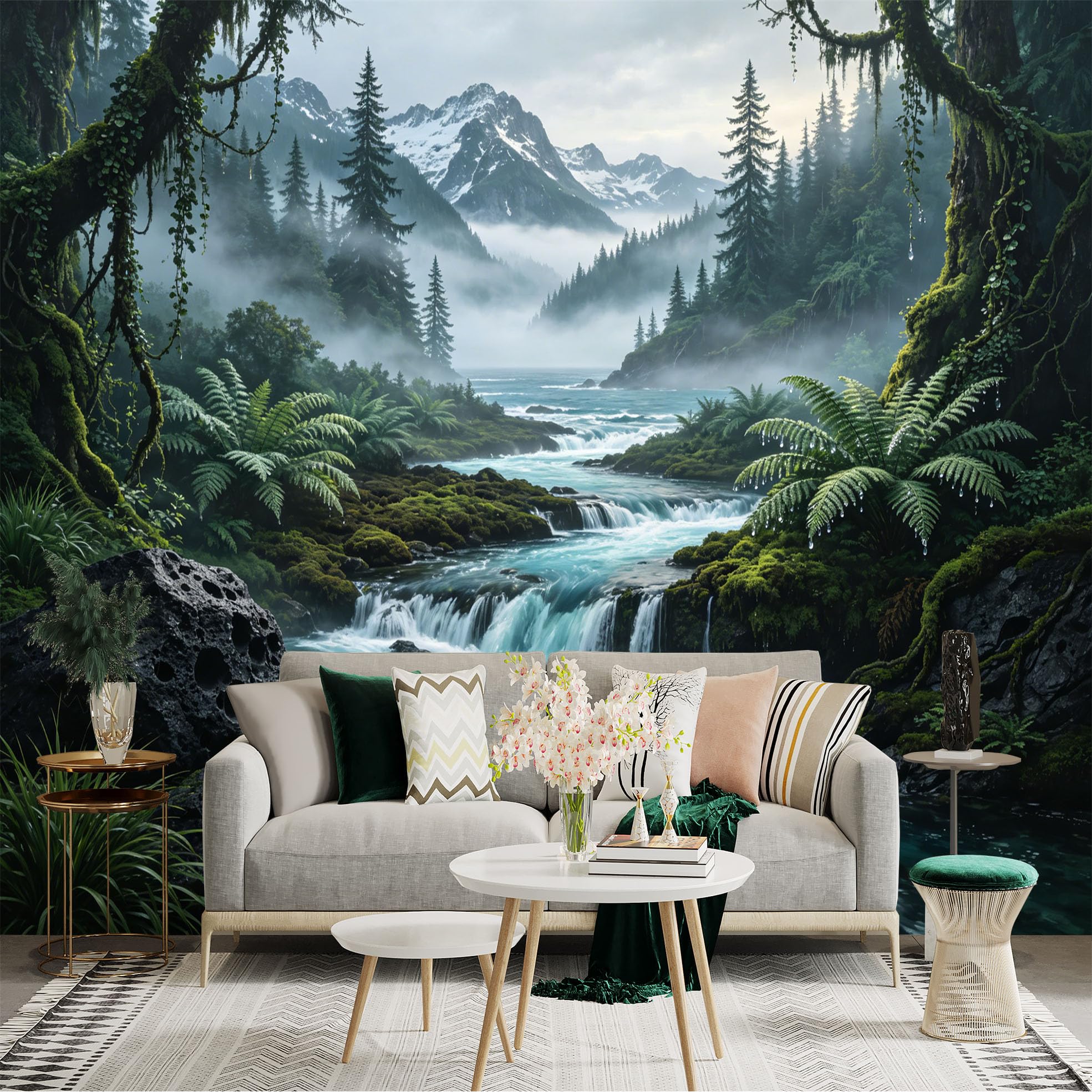 Custom Size Wall Sticker Mural， Misty Mountain River， Waterfalls and Lush Green Forest， for wall Decoration， peelandstick wall Decals.