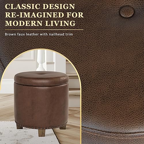 Miniatura 8 de Homepop Decoración del hogar Otomana de almacenamiento redonda tapizada con tachuelas Otomana con almacenamiento para sala de estar y dormitorio,