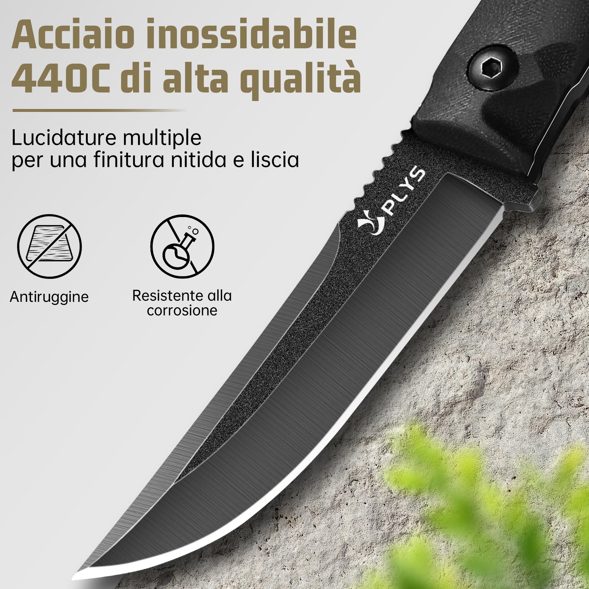 Plys Coltello da Caccia A Lama Fissa per Esterni, Lunghezza 10,3 cm, In Acciaio Inossidabile, Impugnatura in G10, Coltello da Sopravvivenza Nella Giungla, Campeggio, Escursionismo, Immersioni