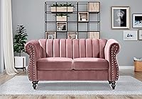 Vista 15 de Quinones - Sofá Chesterfield moderno con elegantes brazos enrollados, ribete de cabeza de clavos y acolchado de canal, sofá biplaza de 59.1 pulgadas