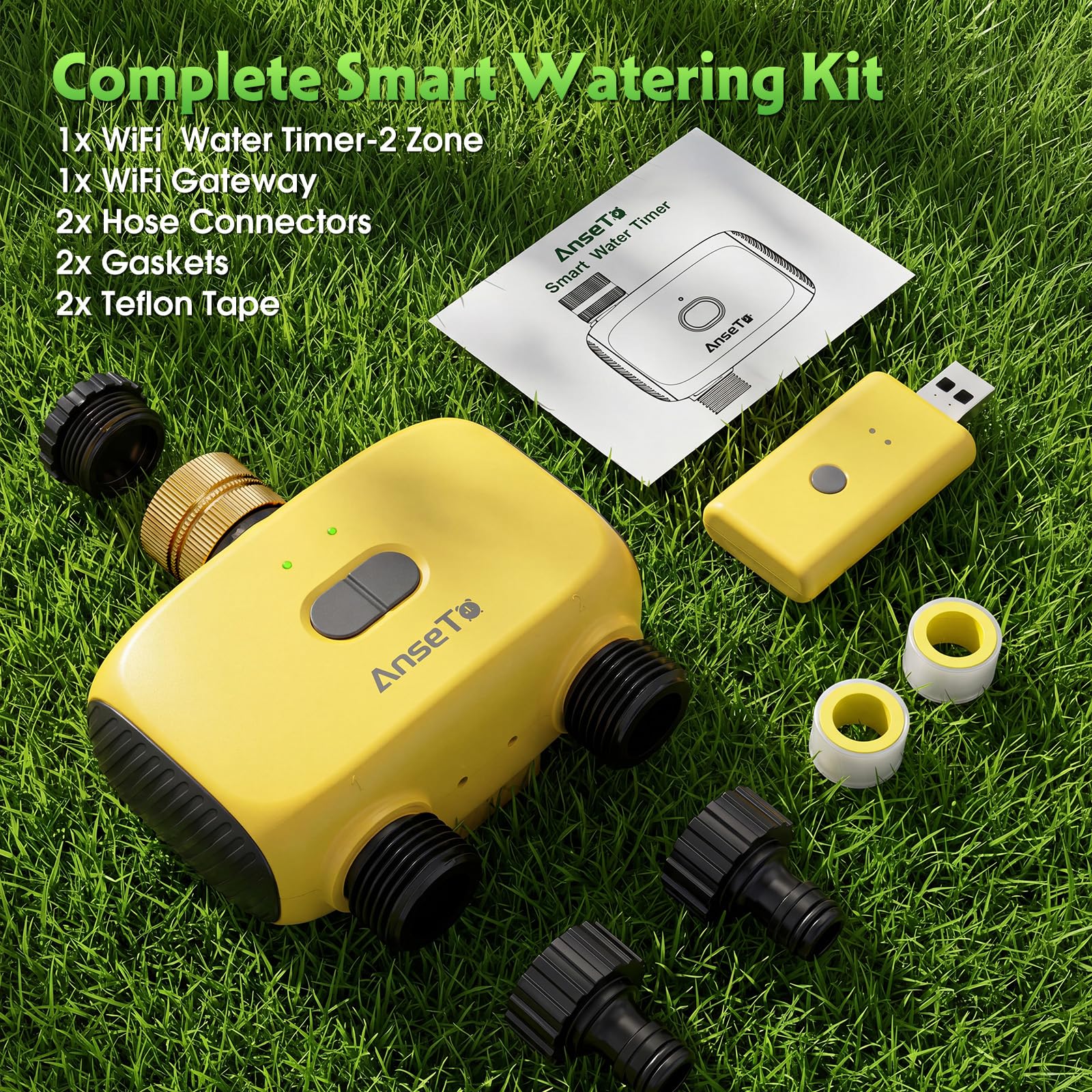Programador Riego WiFi para Jardines,Terrazas,Césped y Zonas Exteriores,Entrada de Latón Sistema de Riego Automático con 2 Salidas,Concentrador WiFi y Función de Control Remoto