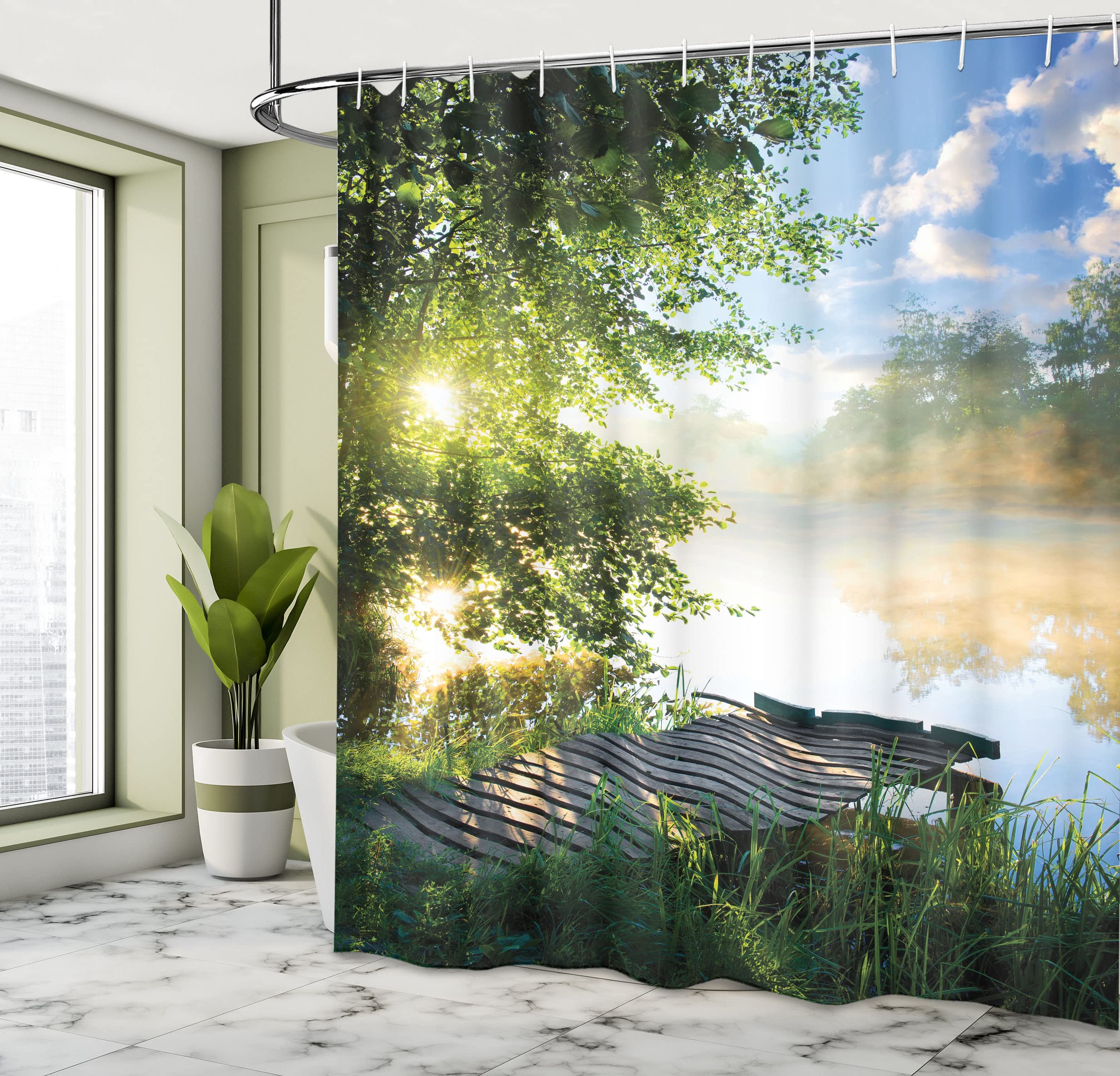 ABAKUHAUS Landscape Shower Curtain, Fishing Pier by River in the Morning Clouds and Trees Nature Image - Image 4