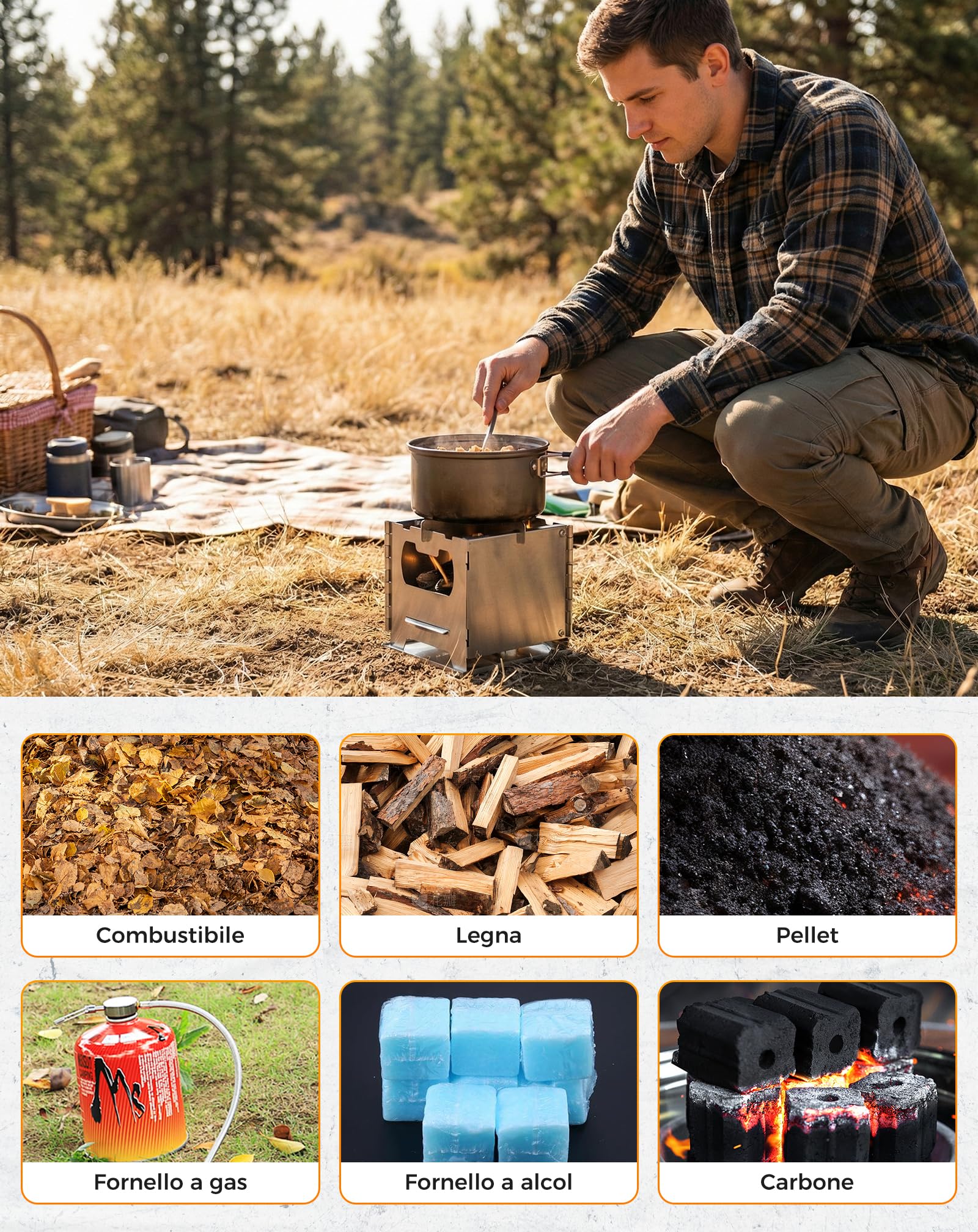 COOK'N'Escape Stufa a Legna Campeggio Portatile Rocket Doppia Combustione M | Fornello Hobo in Acciaio Inox Pieghevole con Piastra Grill Titanio, Multicombustibile per Camping, Grill e Trekking