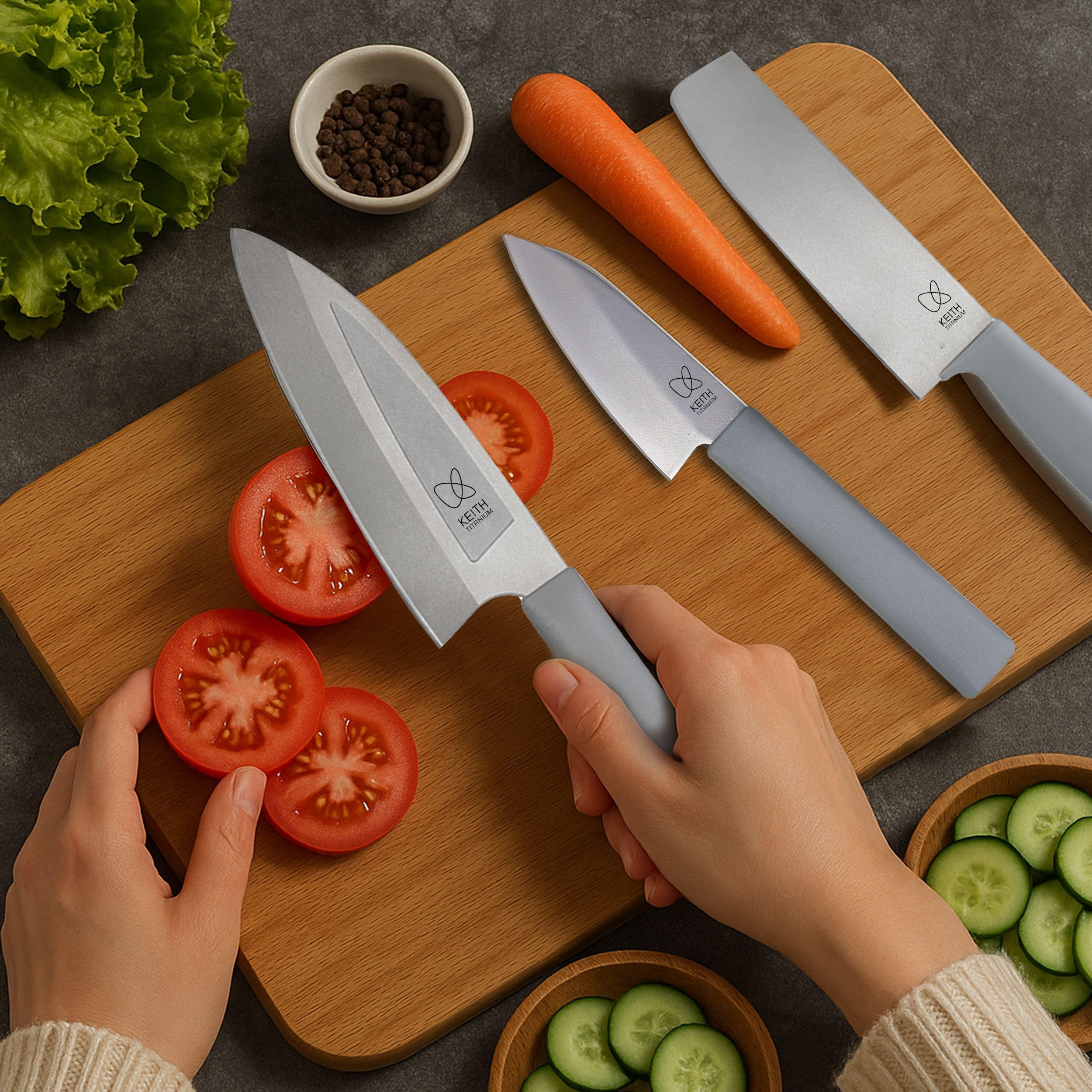 Keith Titanium Küchenmesser mit Scheide, Ti8743, Ultraleichtes Titanmesser für präzises Schneiden von Fleisch, Gemüse & Obst, Ideal für Indoor, Outdoor, Camping, Trekking (34,7 x 8,0 x 2,3 cm)