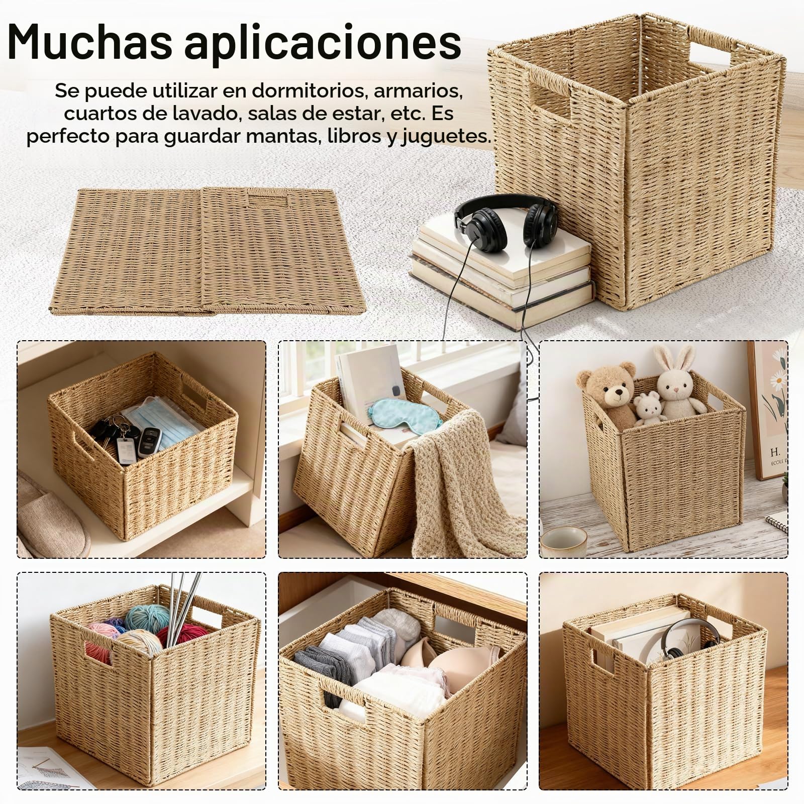 Cestas De Almacenaje, 2 Piezas Cesta De Cocina Tejida Con Asas Organizador Plegable De Algas Marinas Cestas Multifuncionales Para Cocina Baño Y Dormitorio - 28 * 28 * 28cm